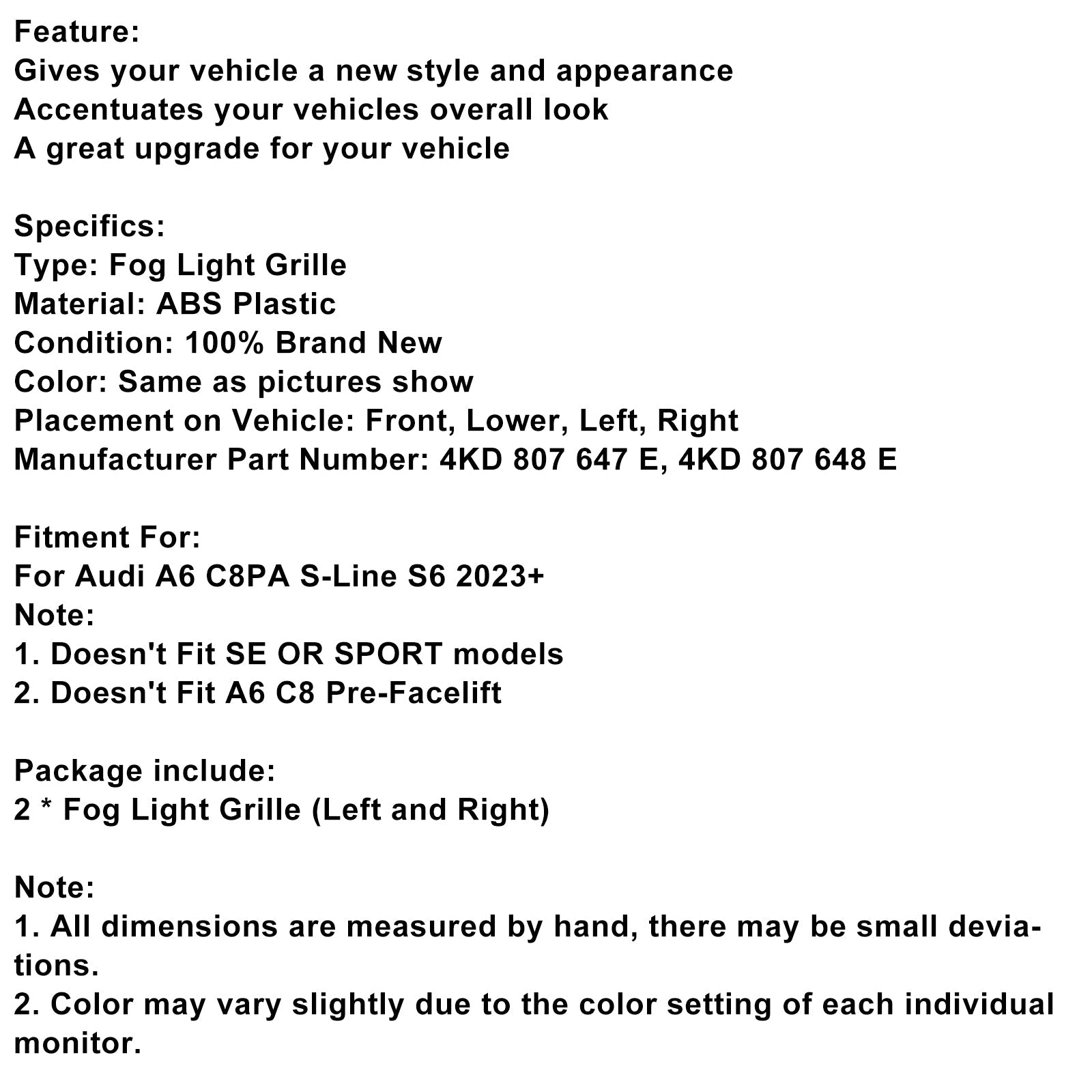 2023+ Audi A6 C8pa S-line S6 2 kawałki przedniego zderzaka mgły mgły kratki czarny dodatek