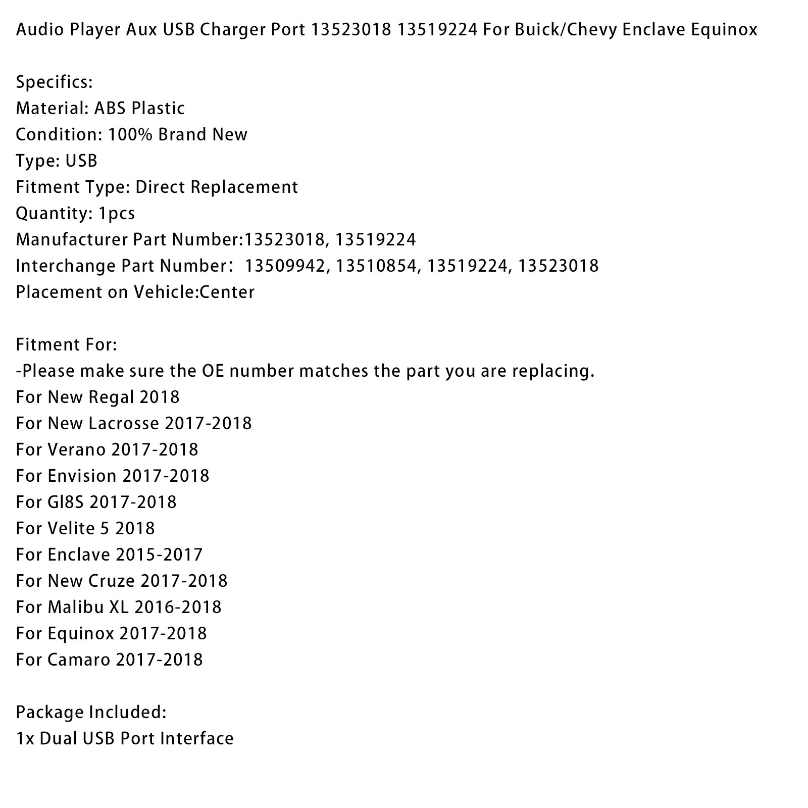 Lecteur audio avec port de charge auxiliaire USB 13523018 13519224 pour Chevy Enclave Equinox