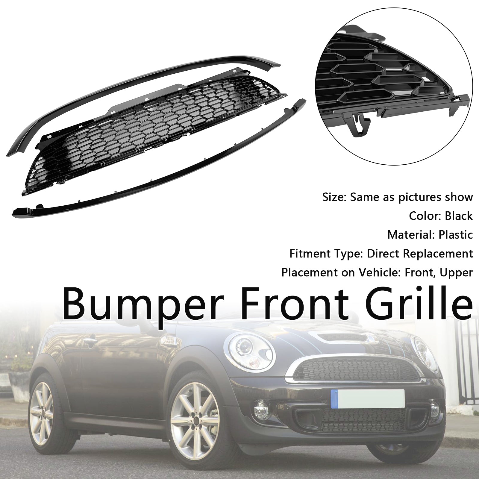 Parrilla frontal de riñón negra brillante de 3 piezas para Mini R55 R56 R57 R58 R59 Cooper S y JCW