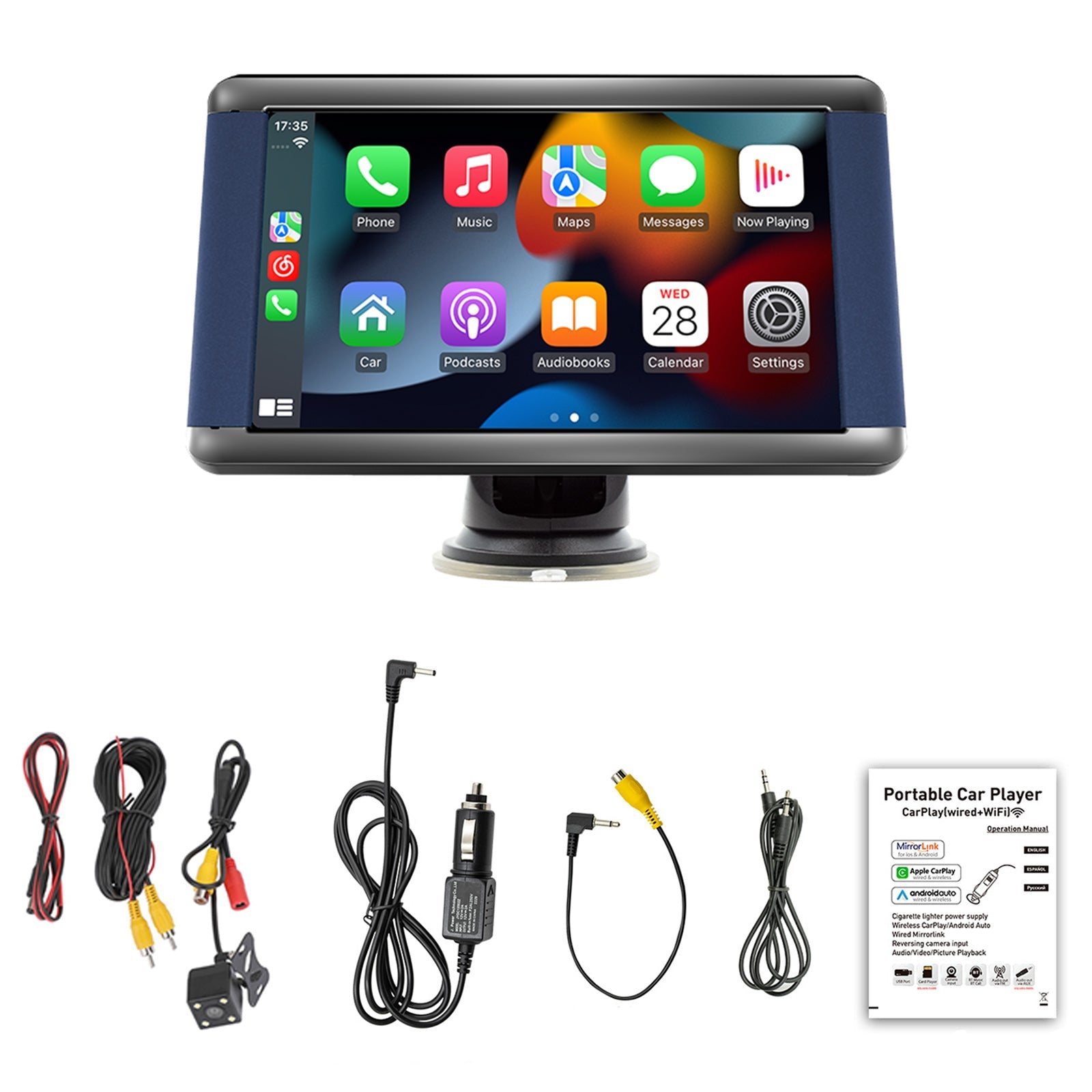 Lecteur MP5 de voiture portable 7 pouces, moniteur Bluetooth, Carplay sans fil + 4 caméras LED