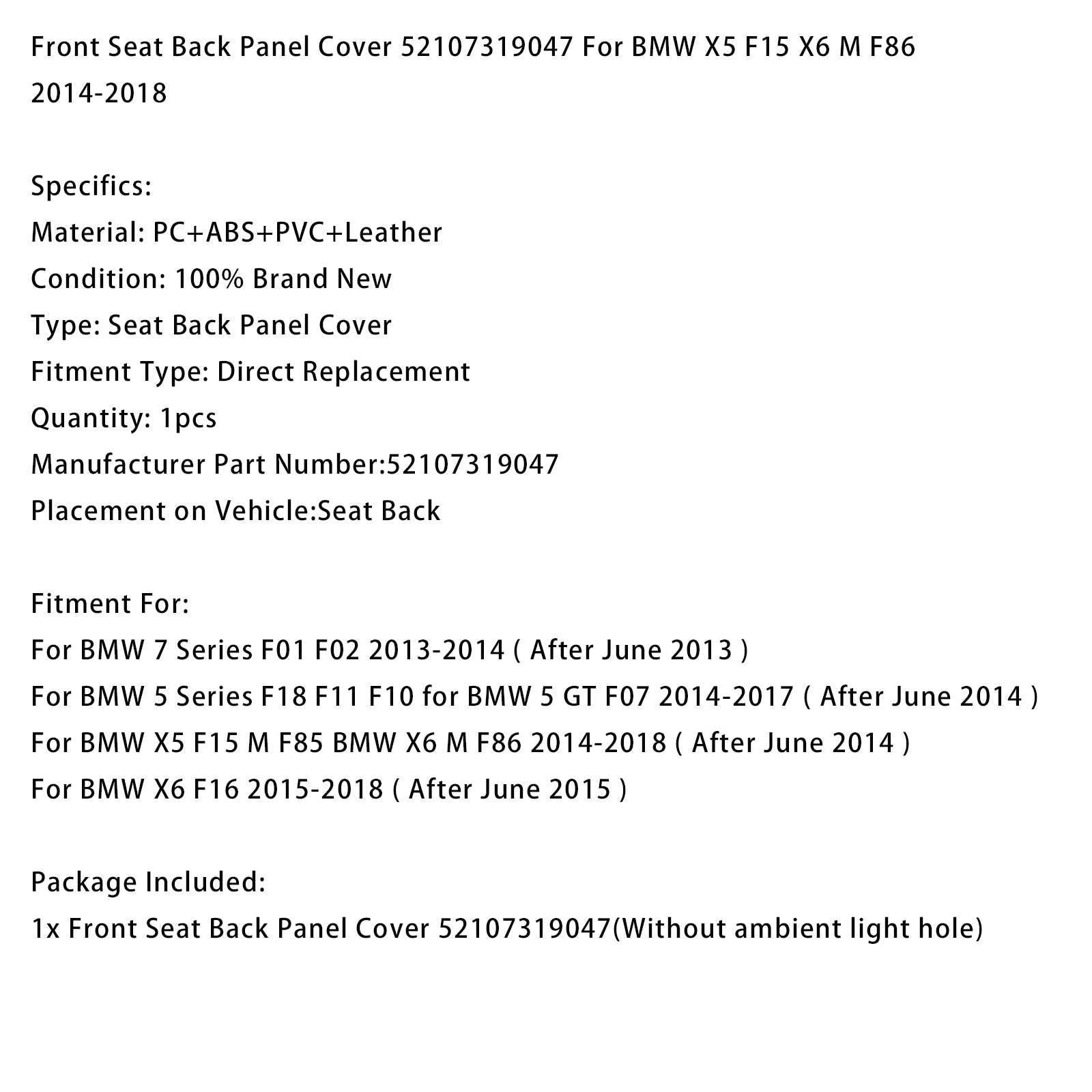 2013-2014 (po juniju 2013) BMW serije 7 F01 F02 - zadnja prevleka sprednjih sedežev 52107319047