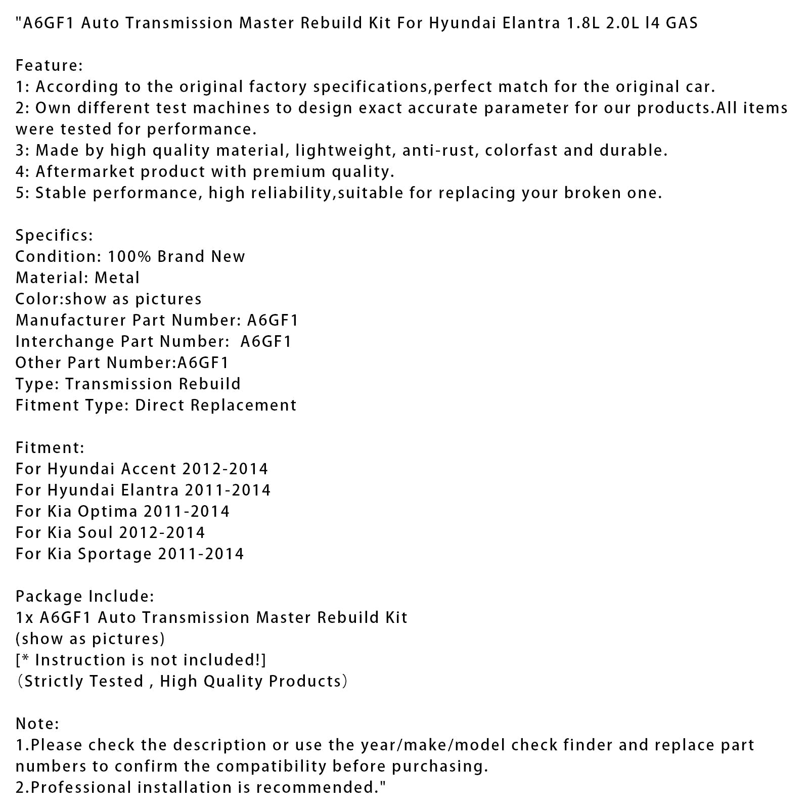 Komplet za samodejno obnovo menjalnika za Hyundai Elantra A6GF1 2011-2014