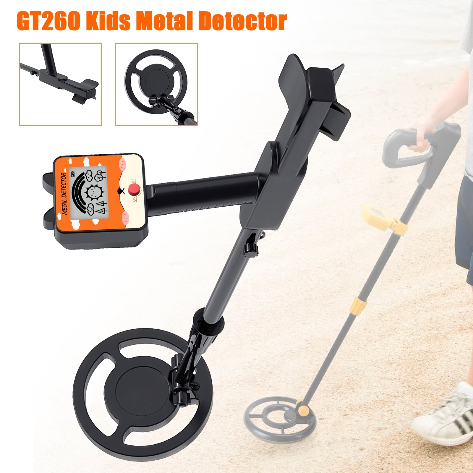 Detector de metales GT260 para niños resistente al agua con bobina de búsqueda de 6,3 pulgadas, color negro
