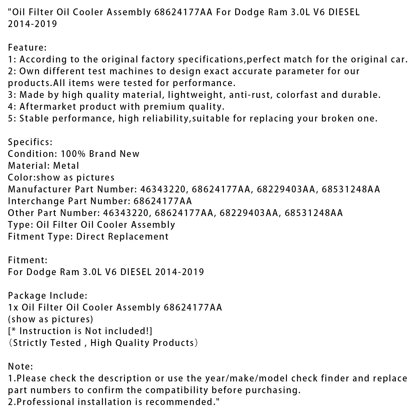 Oljni filter in hladilnik&Olje za Dodge Ram 3.0L V6 dizel (2014-2019) - Referenca : 68624177AA