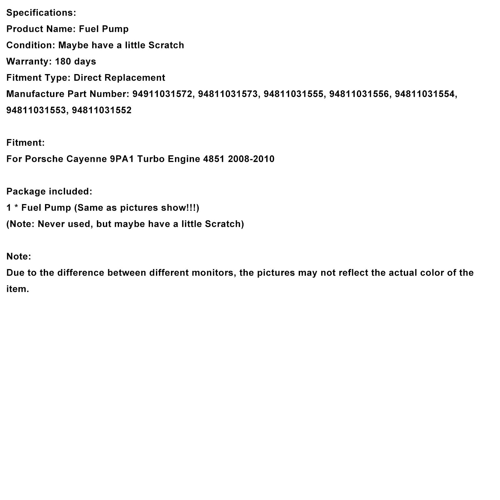 Pompe à carburant haute pression 4851 pour moteur turbo Porsche Cayenne 9PA1 (2008-2010) - Références : 94811031555 et 94911031572
