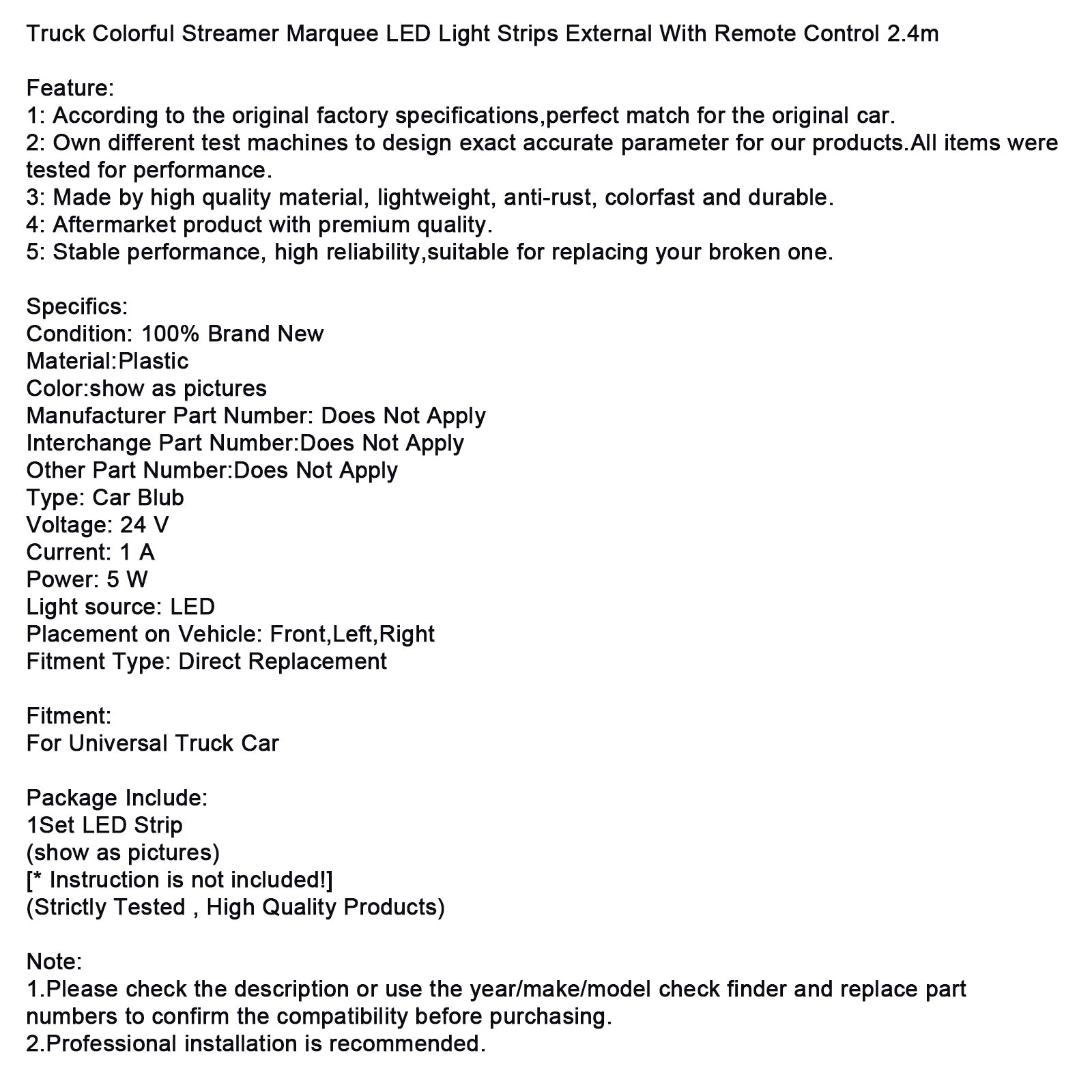 Bandes lumineuses LED colorées pour camion avec télécommande (2,4 m)