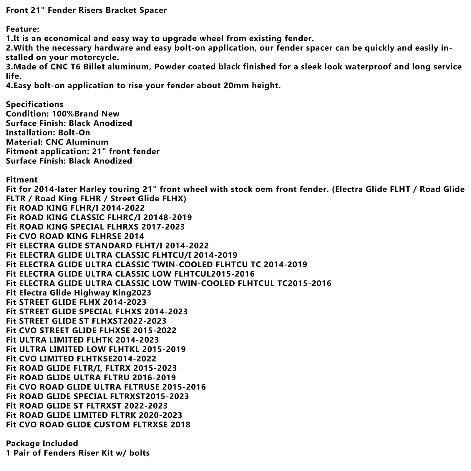 Afstandhouder voor de steun van de voorspatbordverhoger 21"" voor Touring Electra Street Glide 2014+