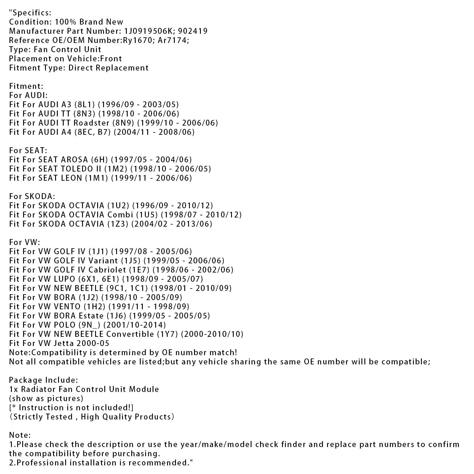 Radiator Fan Control Module voor VW Golf IV Nieuwe Kever Audi TT A3 Seat 1J0919506K