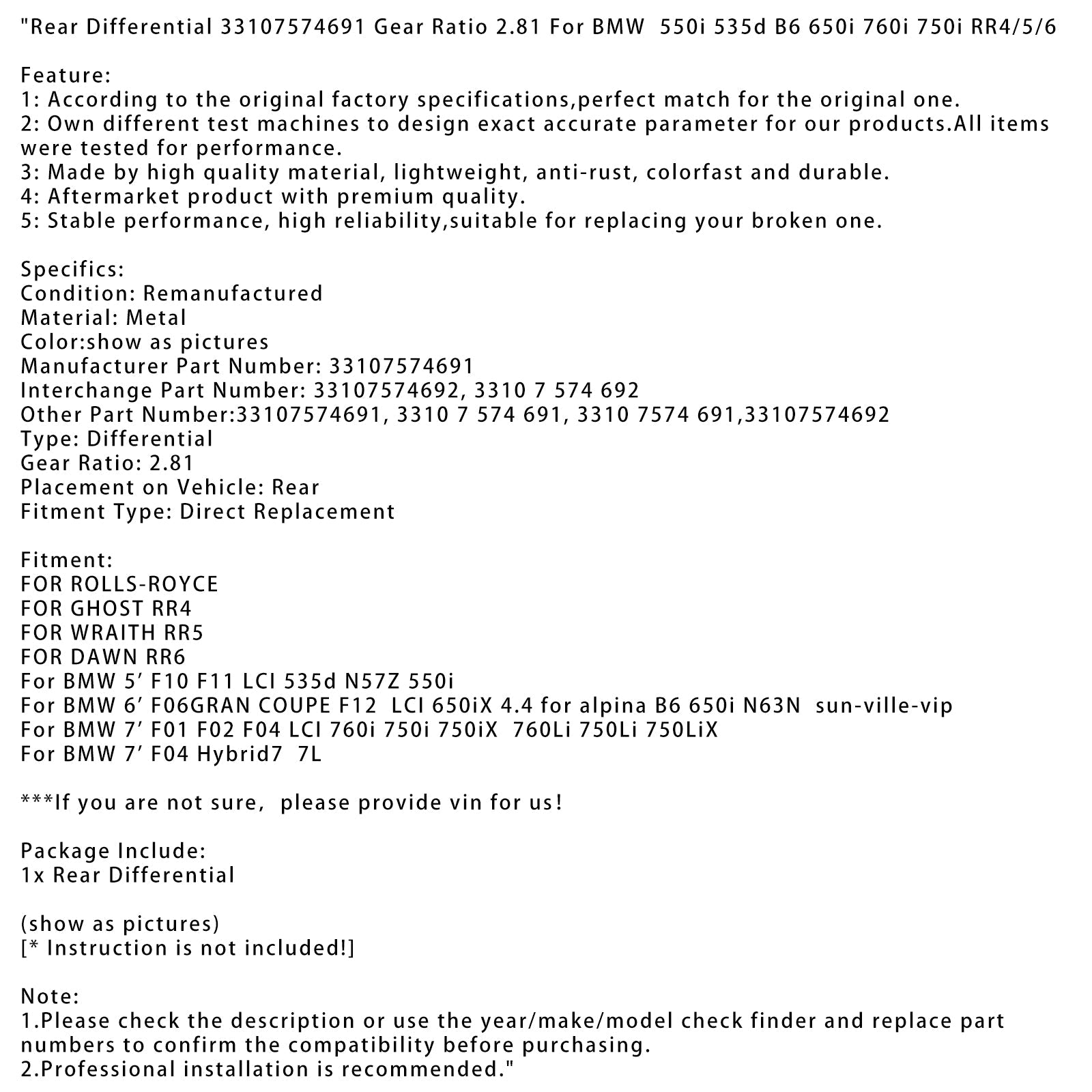 BMW 550i 535d B6 650i 760i Différentiel arrière 33107574691 Rapport de démultiplication 2,81