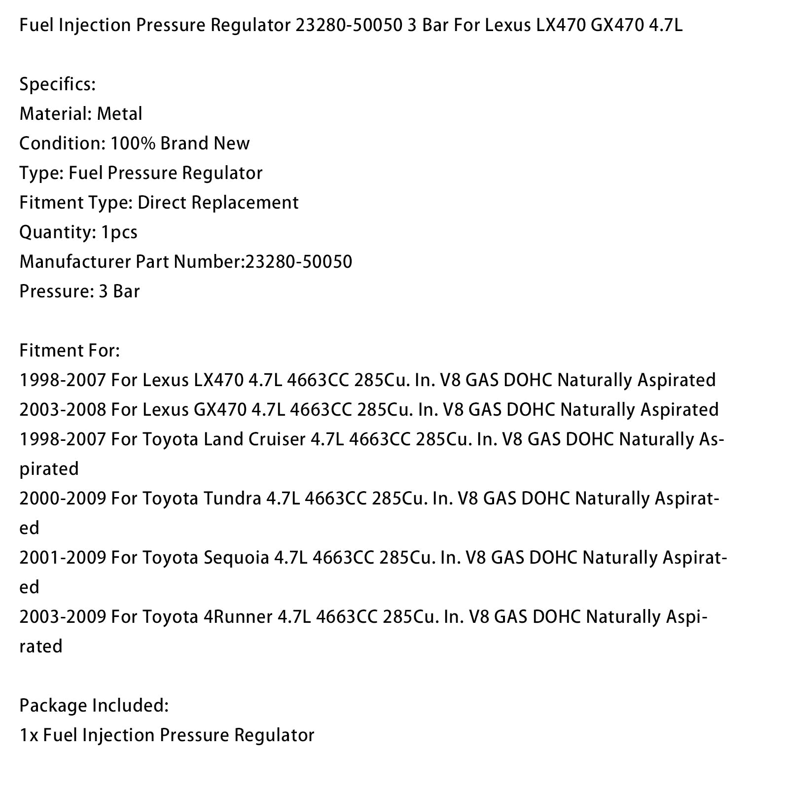 Drukregelaar&Brandstofinjectie 23280-50050 3 bar voor Lexus LX470 GX470 4.7L