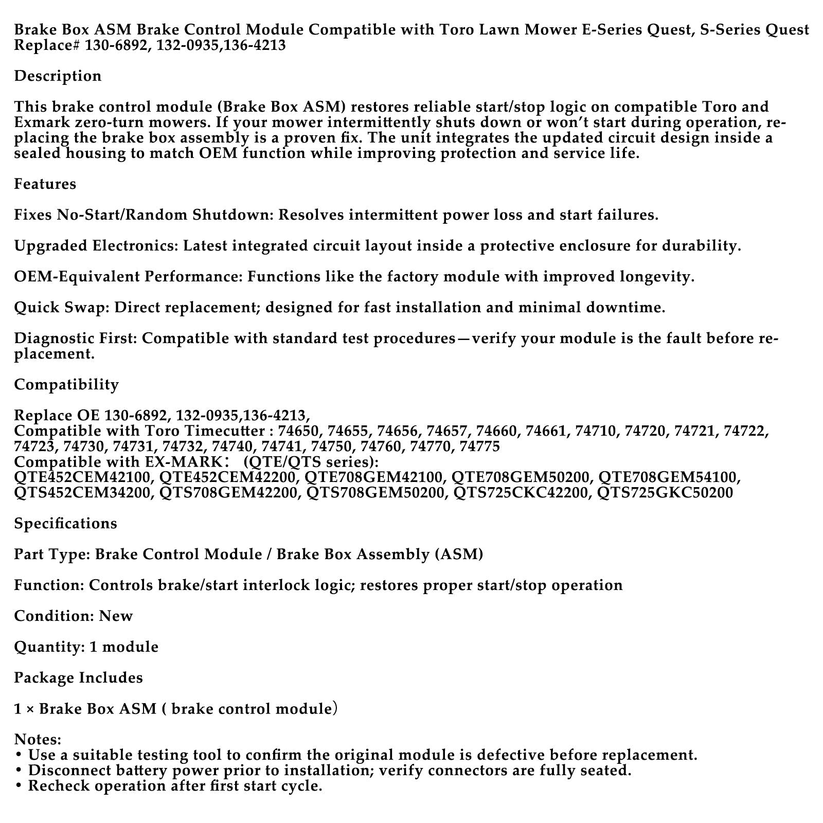 ASM-jarrun ohjausmoduuli Toro Timecutter Exmark -jarrukotelolle 130-6892 136-4213