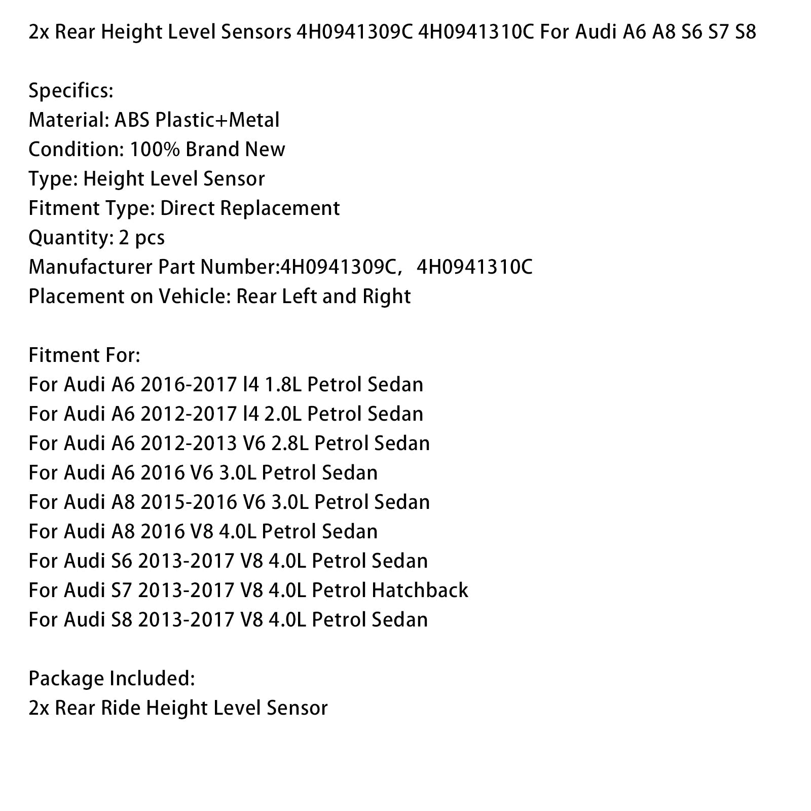 2x sensore di livello posteriore 4H0941309C 4H0941310C per Audi A6 A8 S6 S7 S8