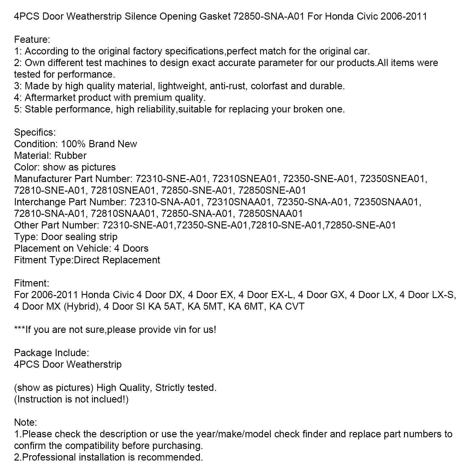 Bande d'Étanchéité Porte Civic - Compatible N° 72310-SNA-A01 / 72350-SNA-A01 - Pour 4 Portes 2006-2011