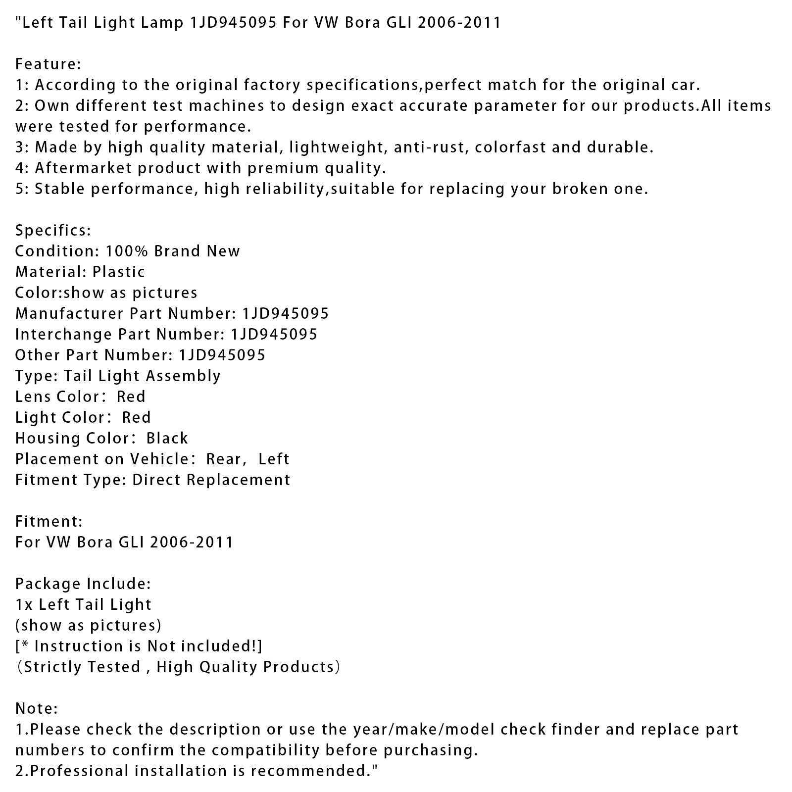 Leva zadnja luč 1JD945095 za VW Bora GLI 2006-2011