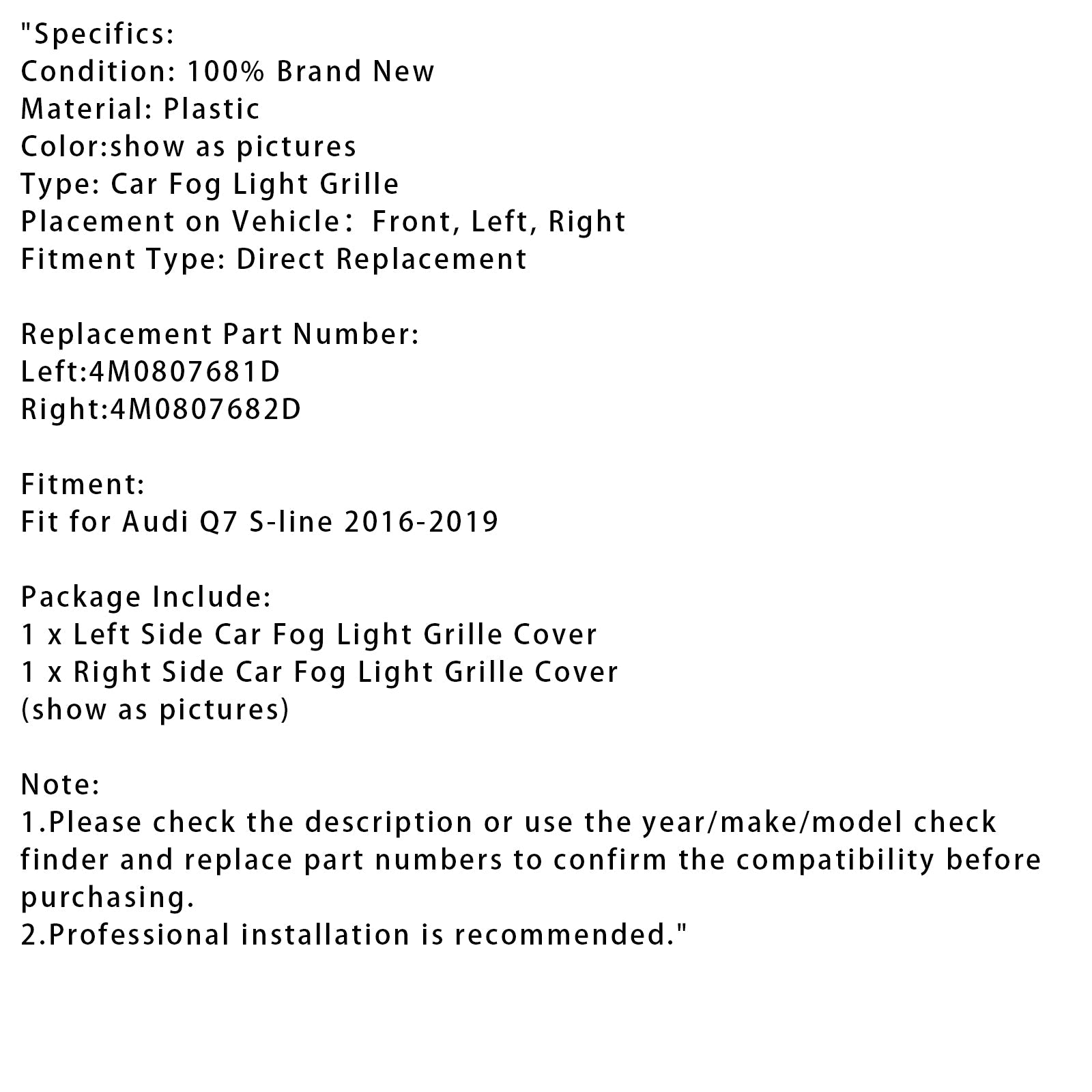 Fog se ilumina para el parachoques antes de Audi Q7 S-Line 2016-2019 4M0807681D 4M0807682D