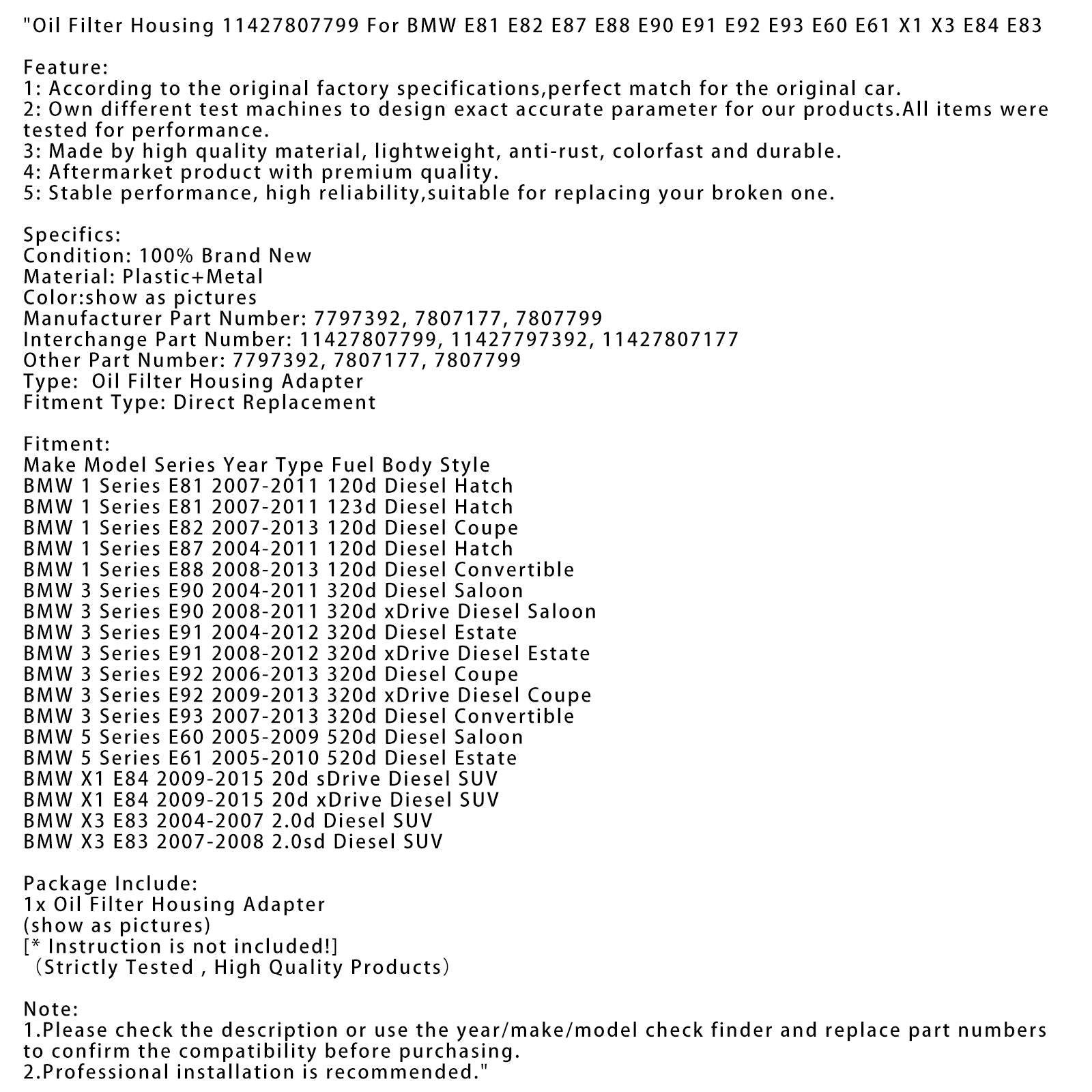 Caso de filtro de aceite 114278077999 7797392 para BMW 3 E92 320D Diesel Coupé (2006-2013)