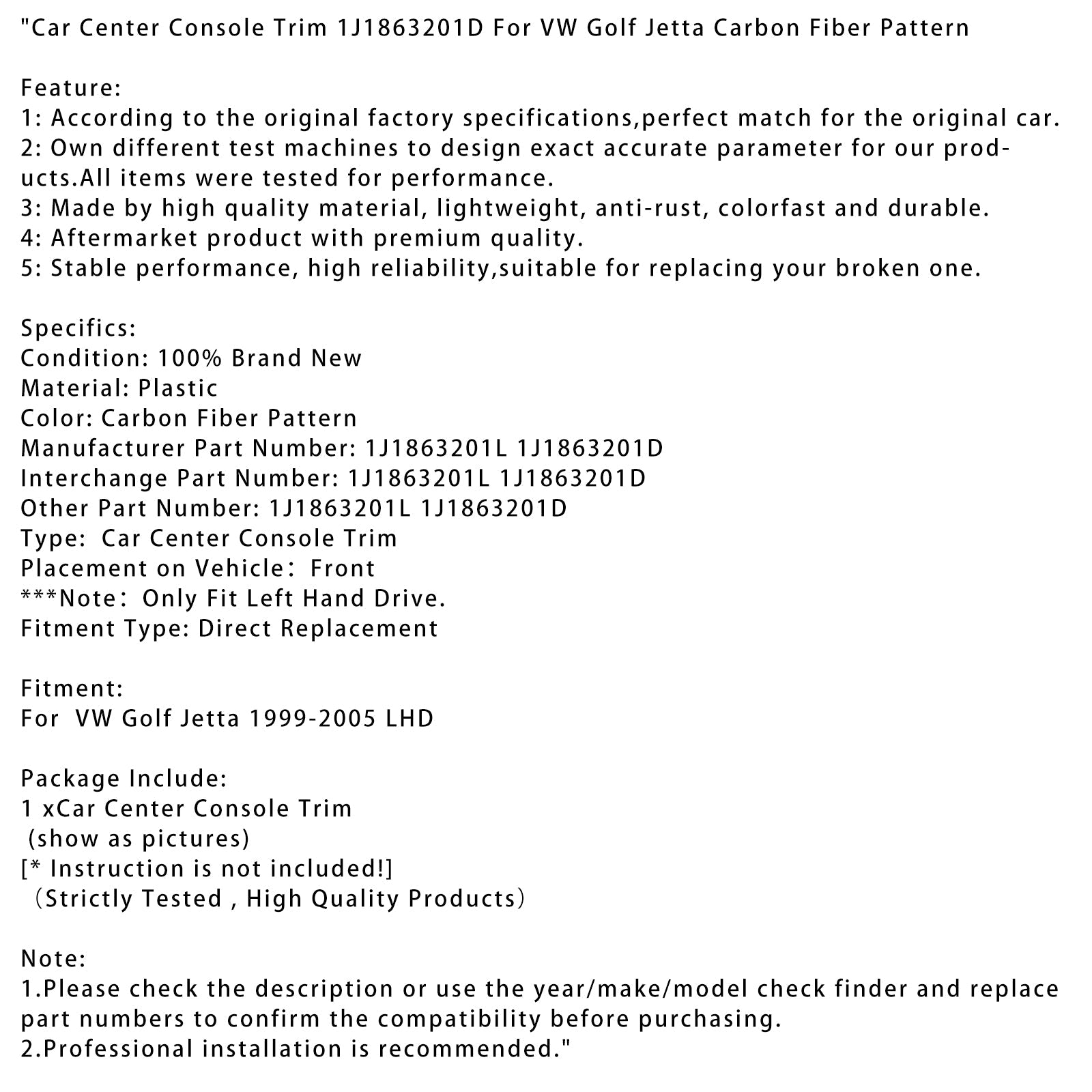 Garniture de console centrale de voiture VW Golf Jetta 1999-2005 1J1863201D motif fibre de carbone