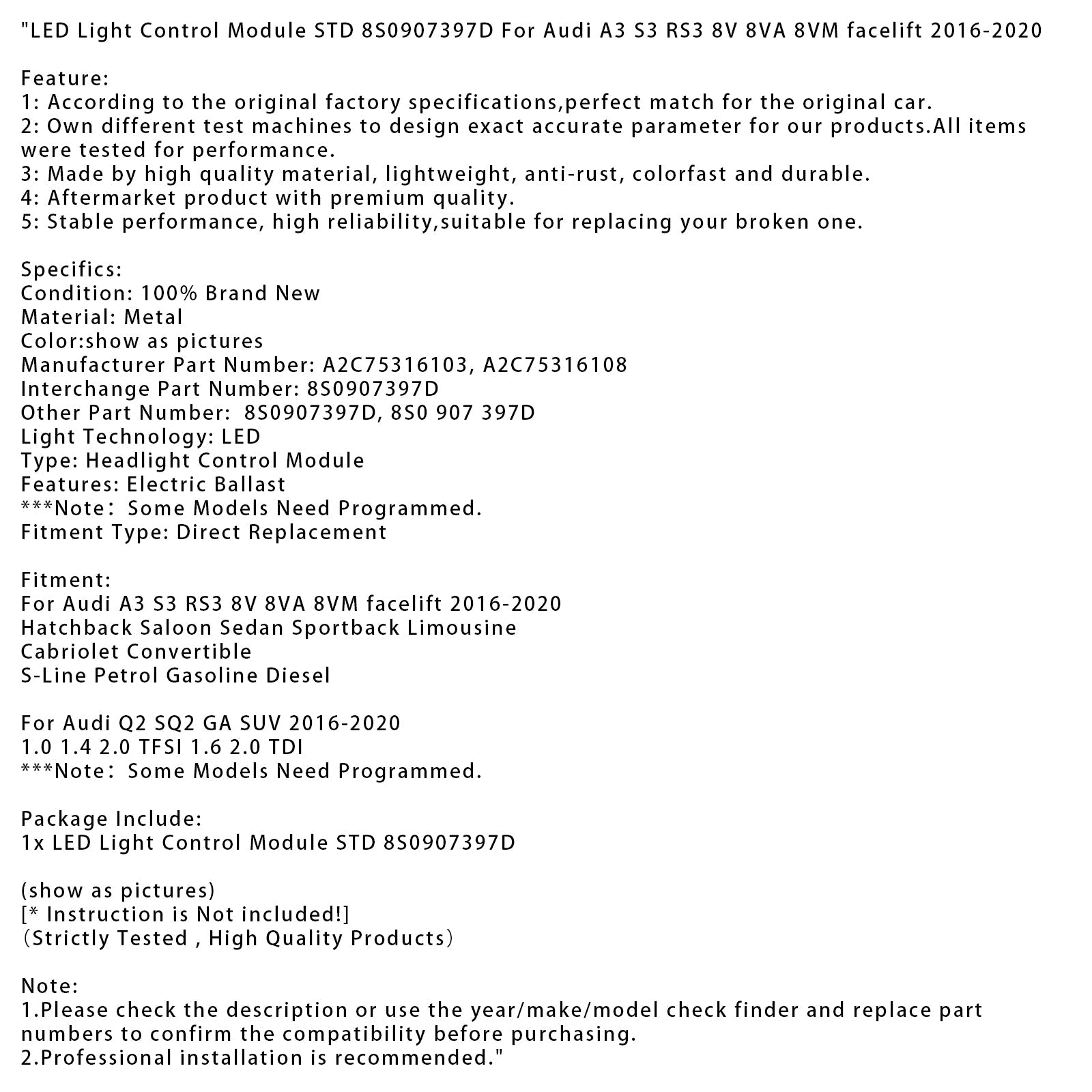 Moduł sterujący oświetleniem LED do Audi A3, S3 i RS3 8V, 8VA i 8VM po liftingu (2016-2020), z silnikami 1.0, 1.4, 2.0 TFSI, 1.6 i 2.0 TDI.