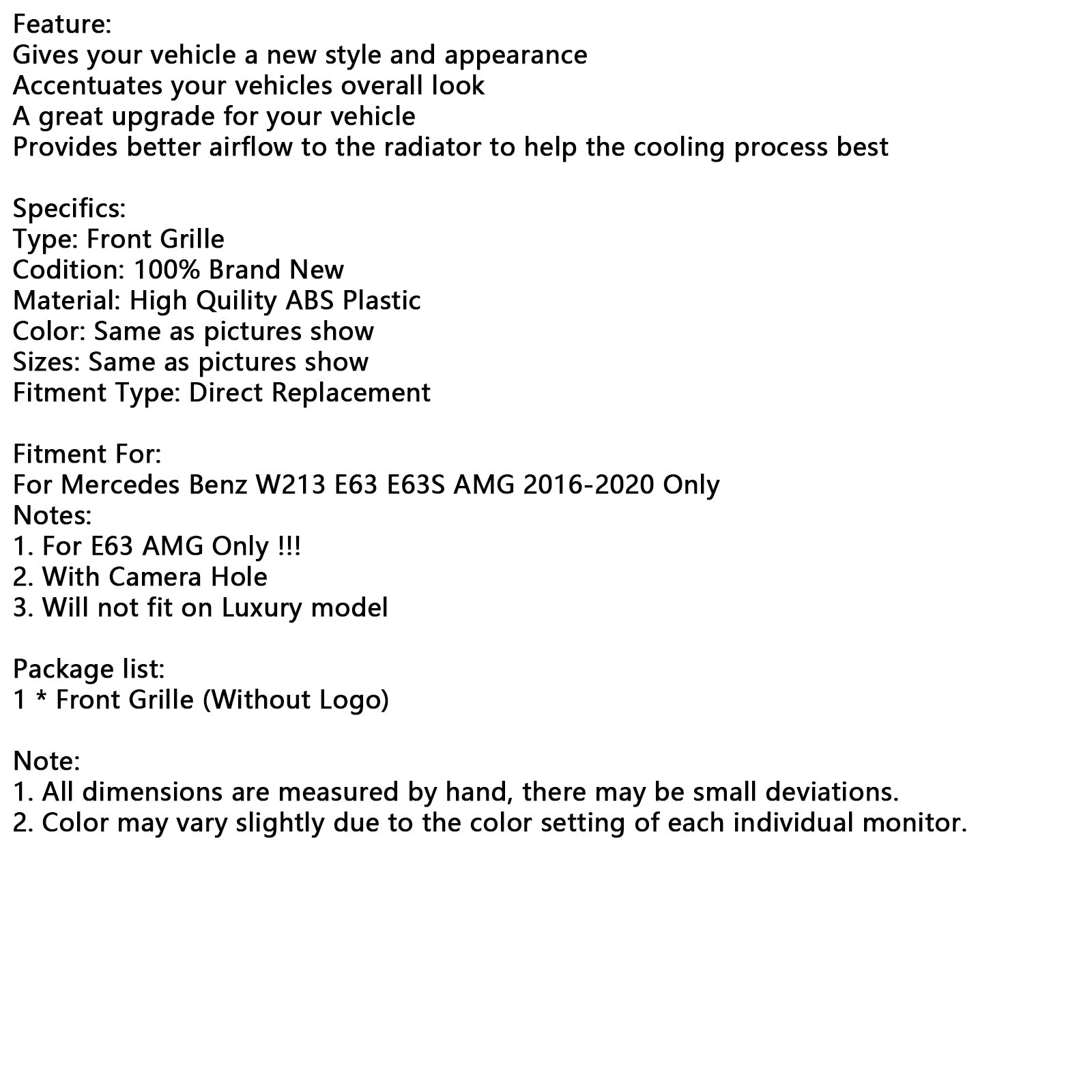 Grille de pare-chocs avant uniquement pour Mercedes Benz W213 E63 E63S AMG 2016-2020