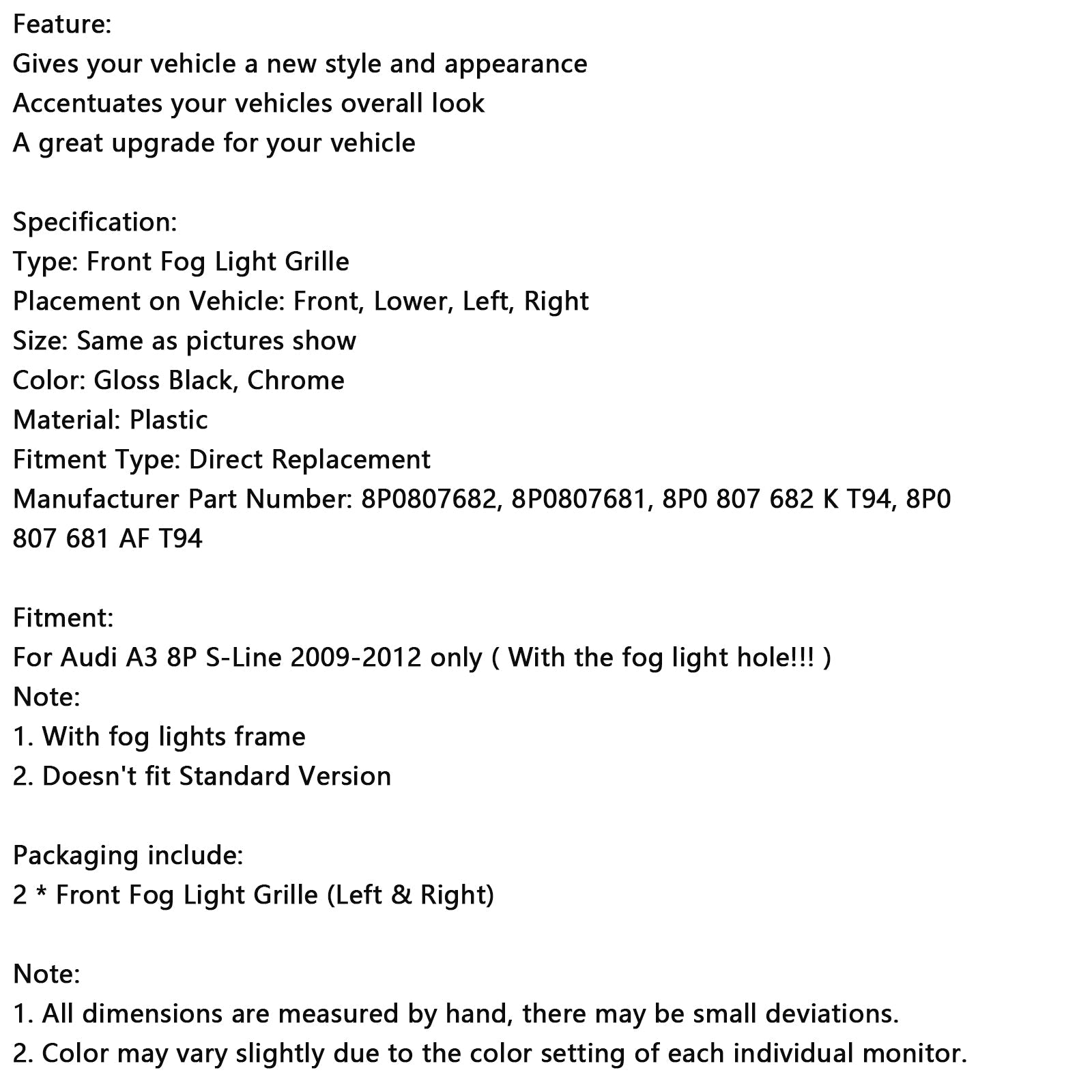 Griglia di copertura fendinebbia anteriore a nido d'ape per Audi A3 8P S-Line 2009-2012