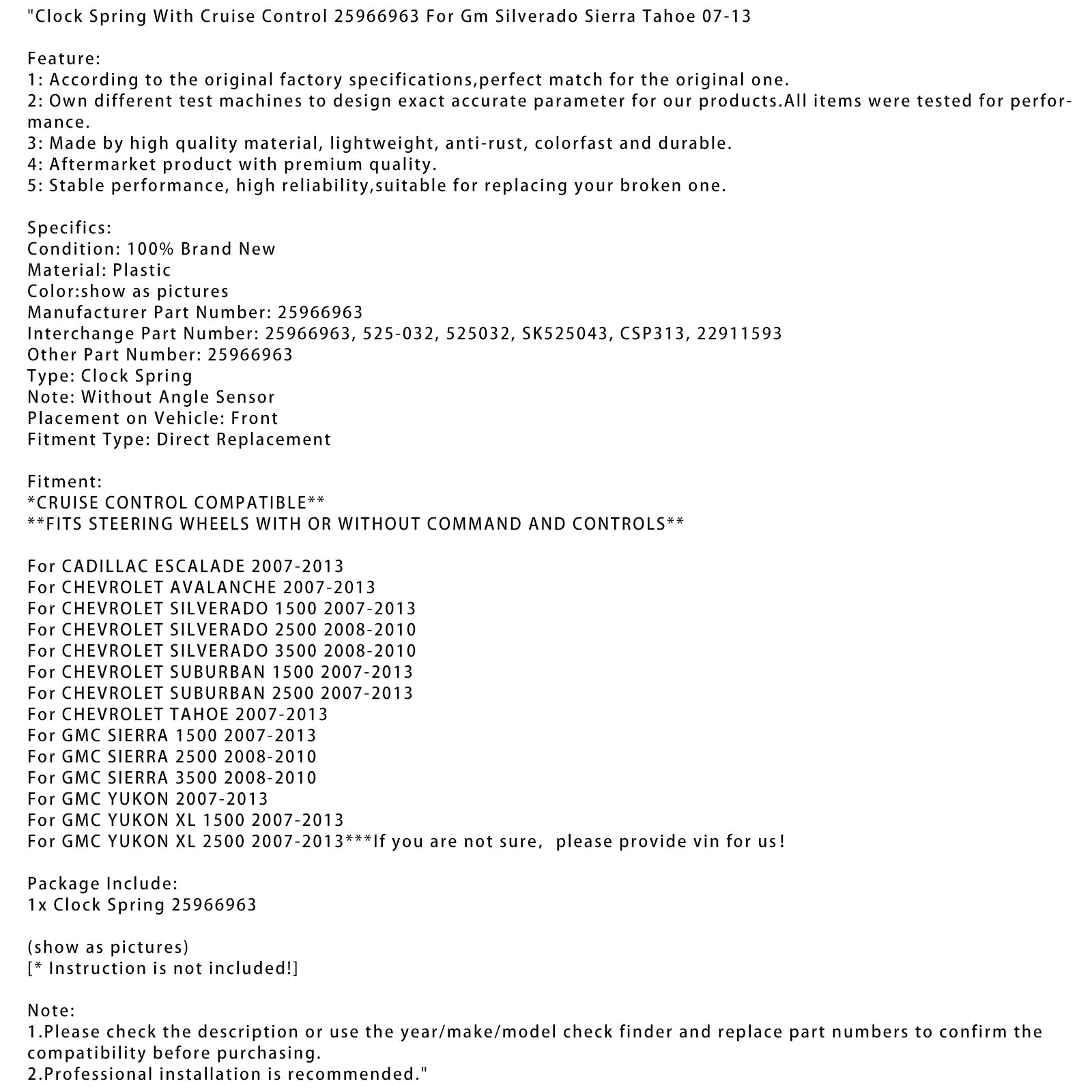 Ressort d'horloge de volant CHEVROLET TAHOE 2007-2013 25966963 22911593