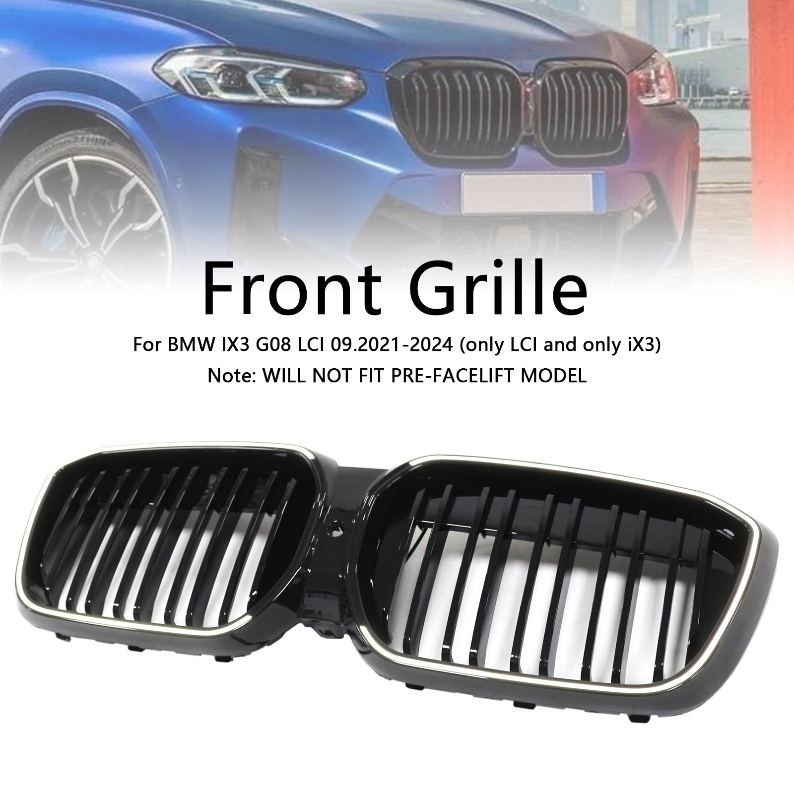 Grille de calandre avant noire brillante à double lamelles pour BMW IX3 G08 LCI 2022-2024