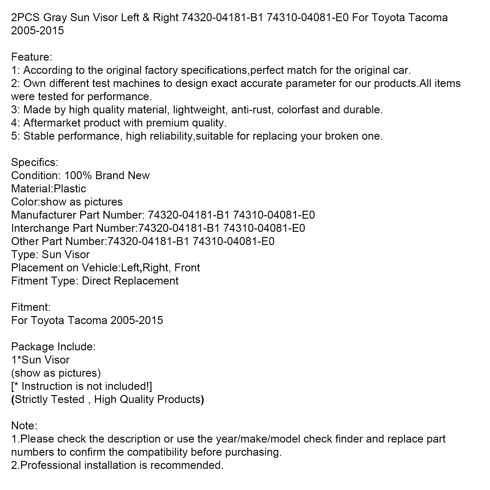 Levi in ​​desni sivi sončni vizir za Nissan Altima 2013-2018 (2 sobi) 74320-04181-B1 74310-04181-B1