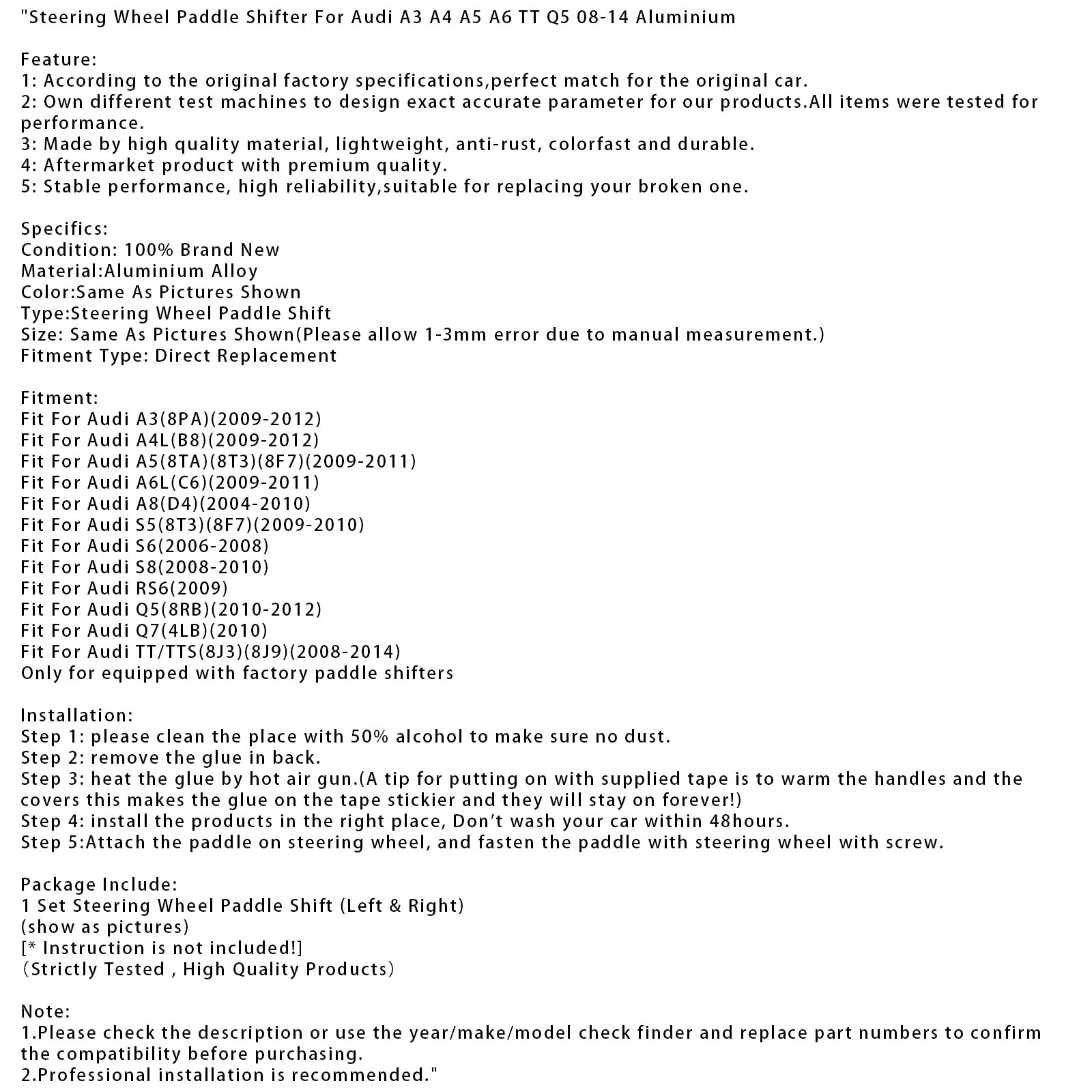 Palettes de changement de vitesse au volant pour Audi A3 A4 A5 A6 TT Q5 08-14 en aluminium