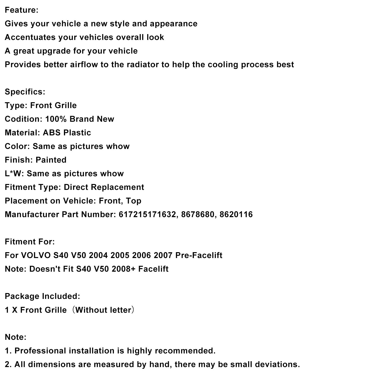 Rejilla de panal'abeja para parachoques delantero negro brillante Volvo S40 V50 2004-2007