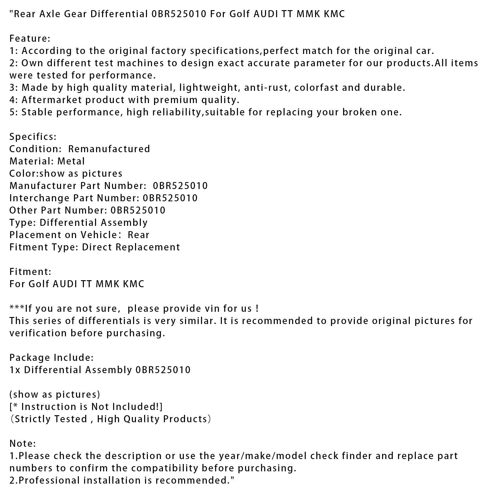Diferencial d&Zadnja os za Golf AUDI TT MMK KMC 0BR525010