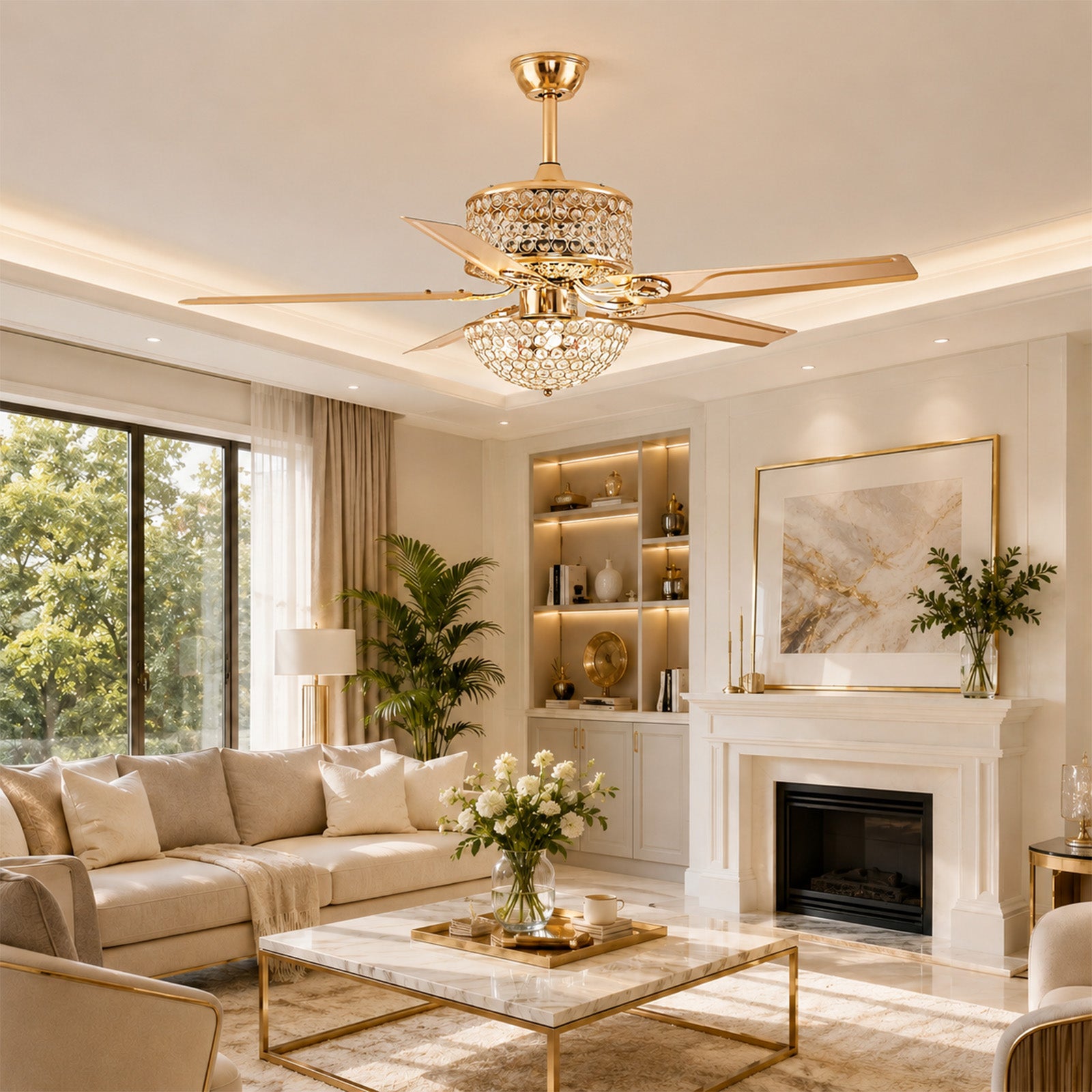 Ventilateur de Plafond Doré avec Lustre en Cristal 52" – Éclairage LED, Télécommande, 5 Pales, 6 Vitesses