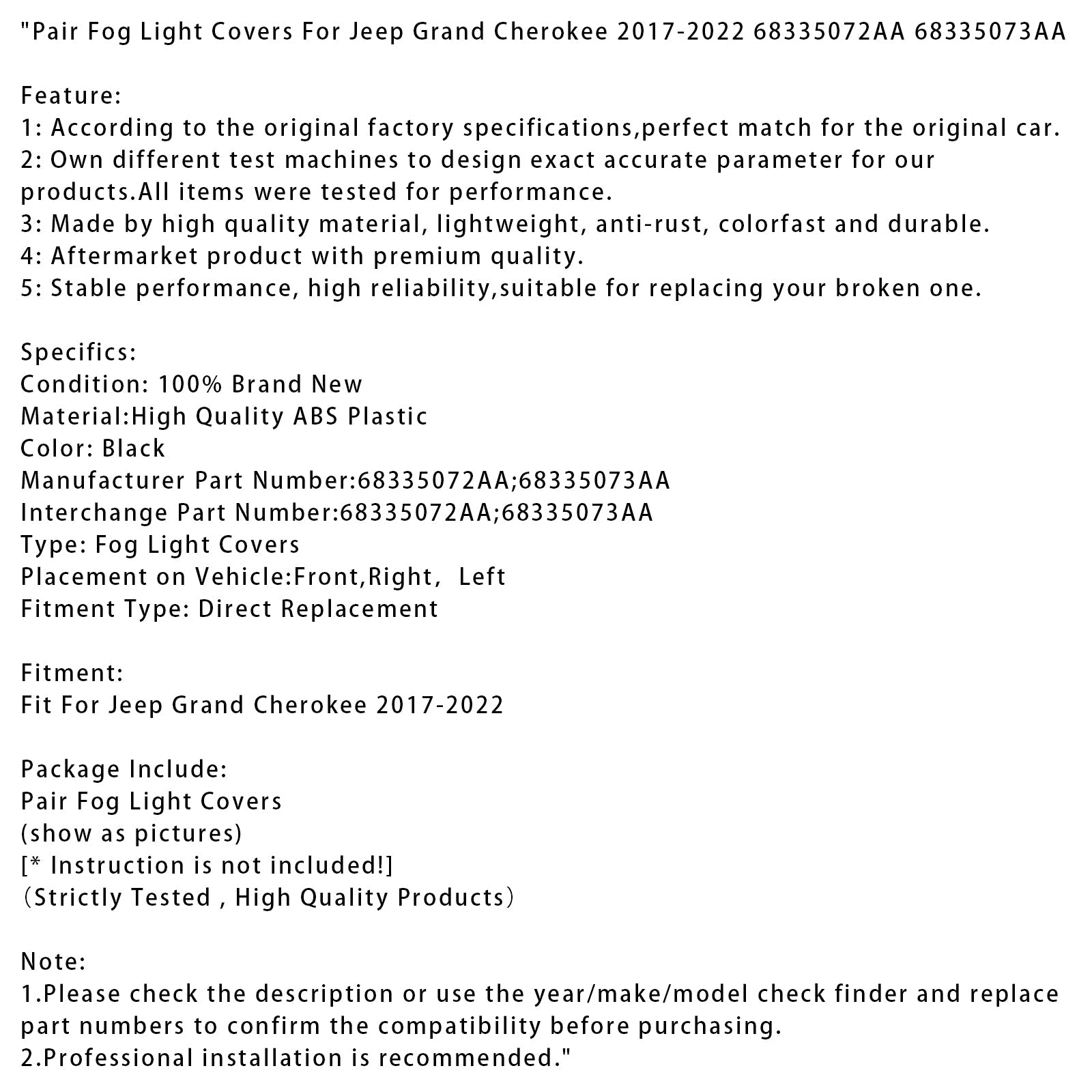 Coppia di coperture per fendinebbia per Jeep Grand Cherokee 2017-2022 (68335072AA 68335073AA)