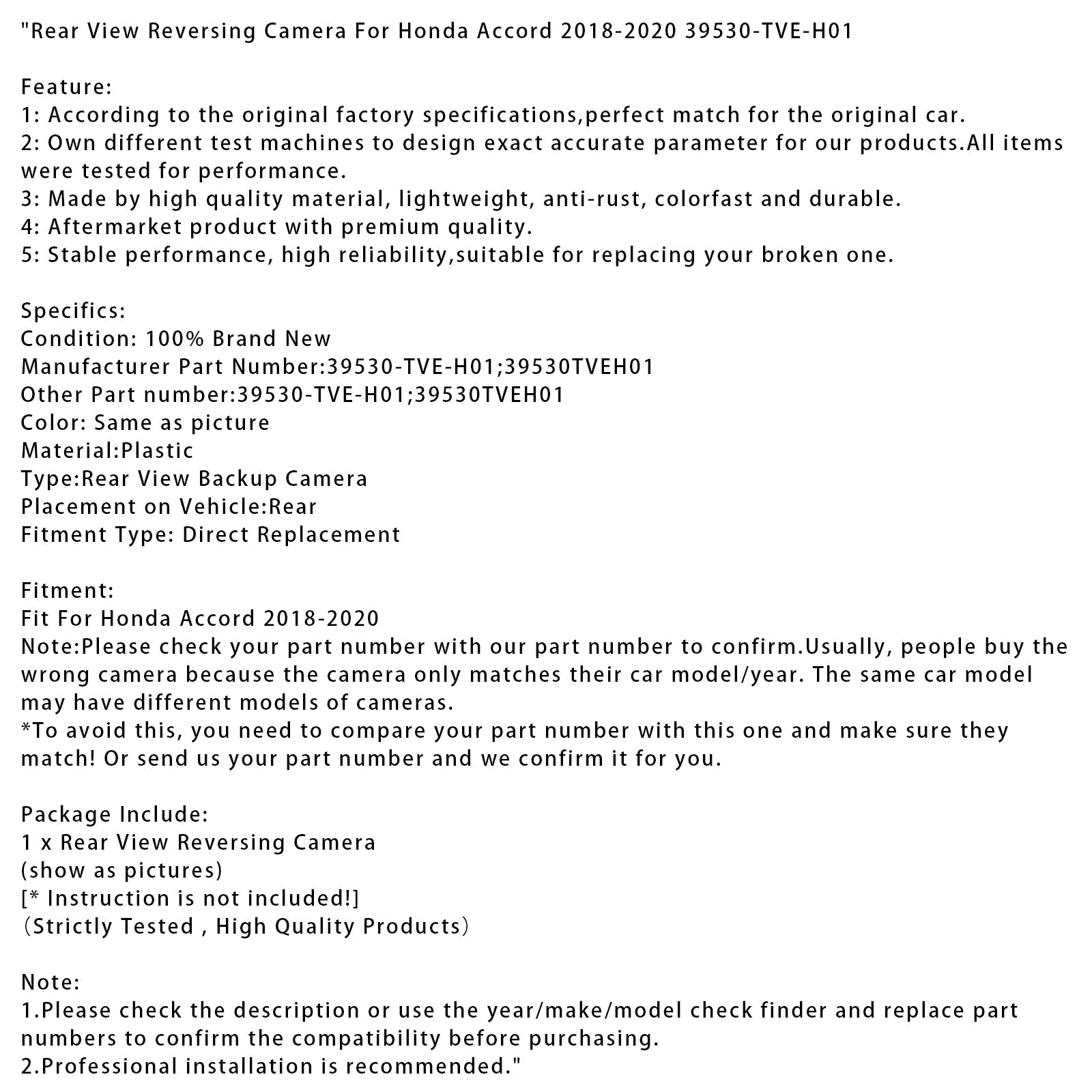 Achteruitrijcamera voor Honda Accord 2018-2020 (referentie 39530-TVE-H01)