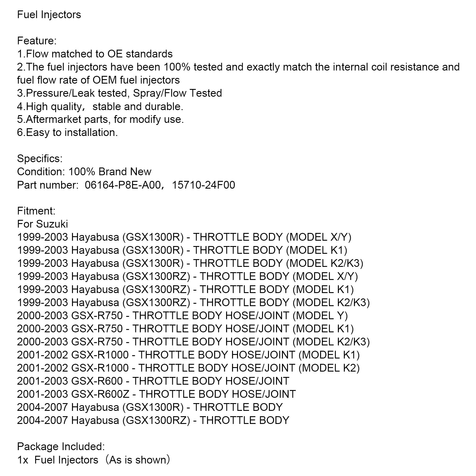 Wtryskiwacze paliwa 06164-P8E-A00 15710-24F00 dla Suzuki GSX-R750 GSX-R600 GSX1300R