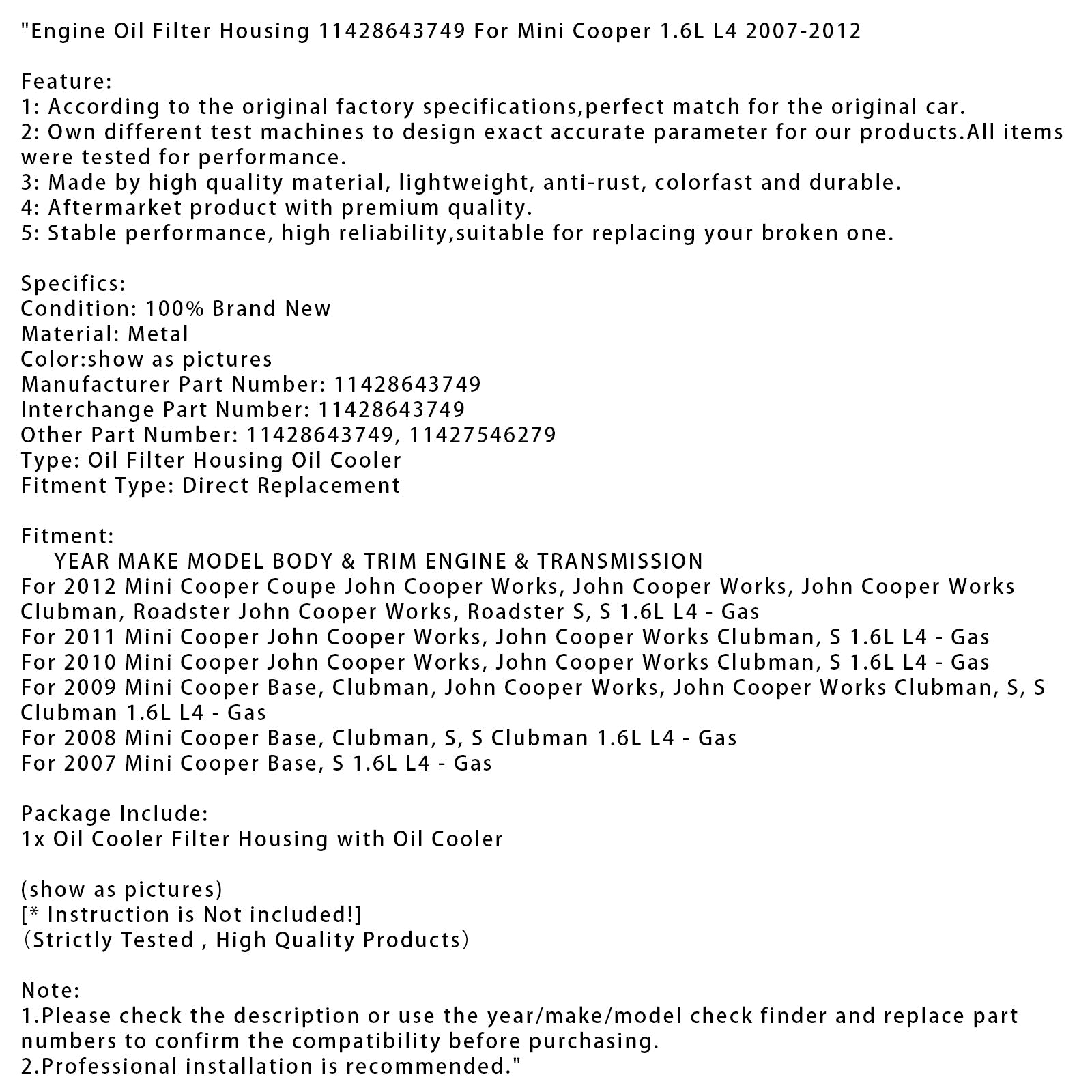 Mini Cooper Mini Cooper 1.6 L L4 2007-2012 1142864374949494949494949494949494949494949999