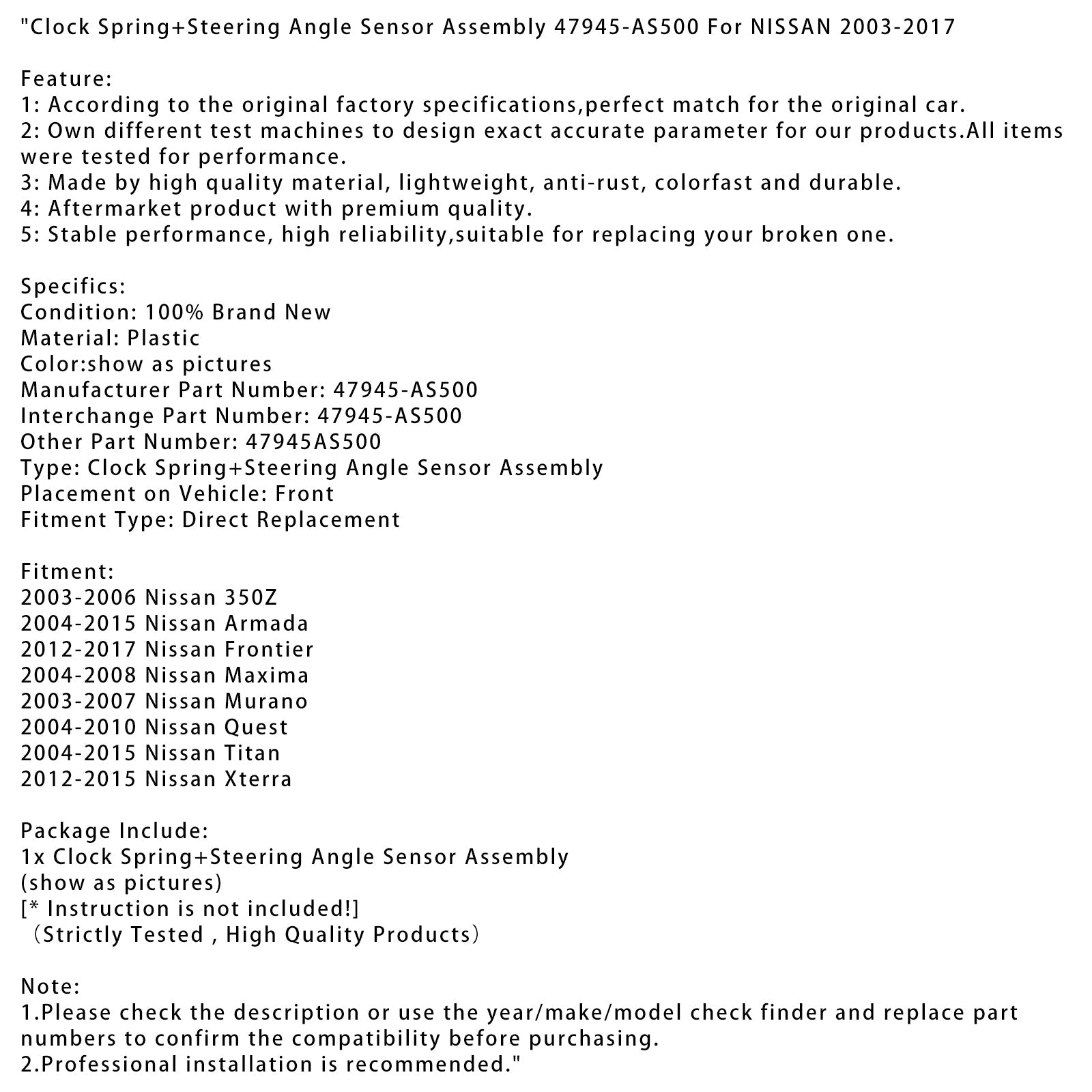Clock Spring Set + Nissan Titan 2004-2015 47945-AS500 4794500S500S500S500S500S
