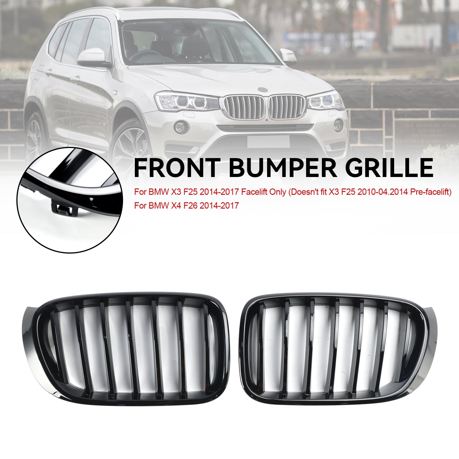 Parrilla de parachoques delantero negro brillante para BMW X3 X4 F25 F26 2014-2017