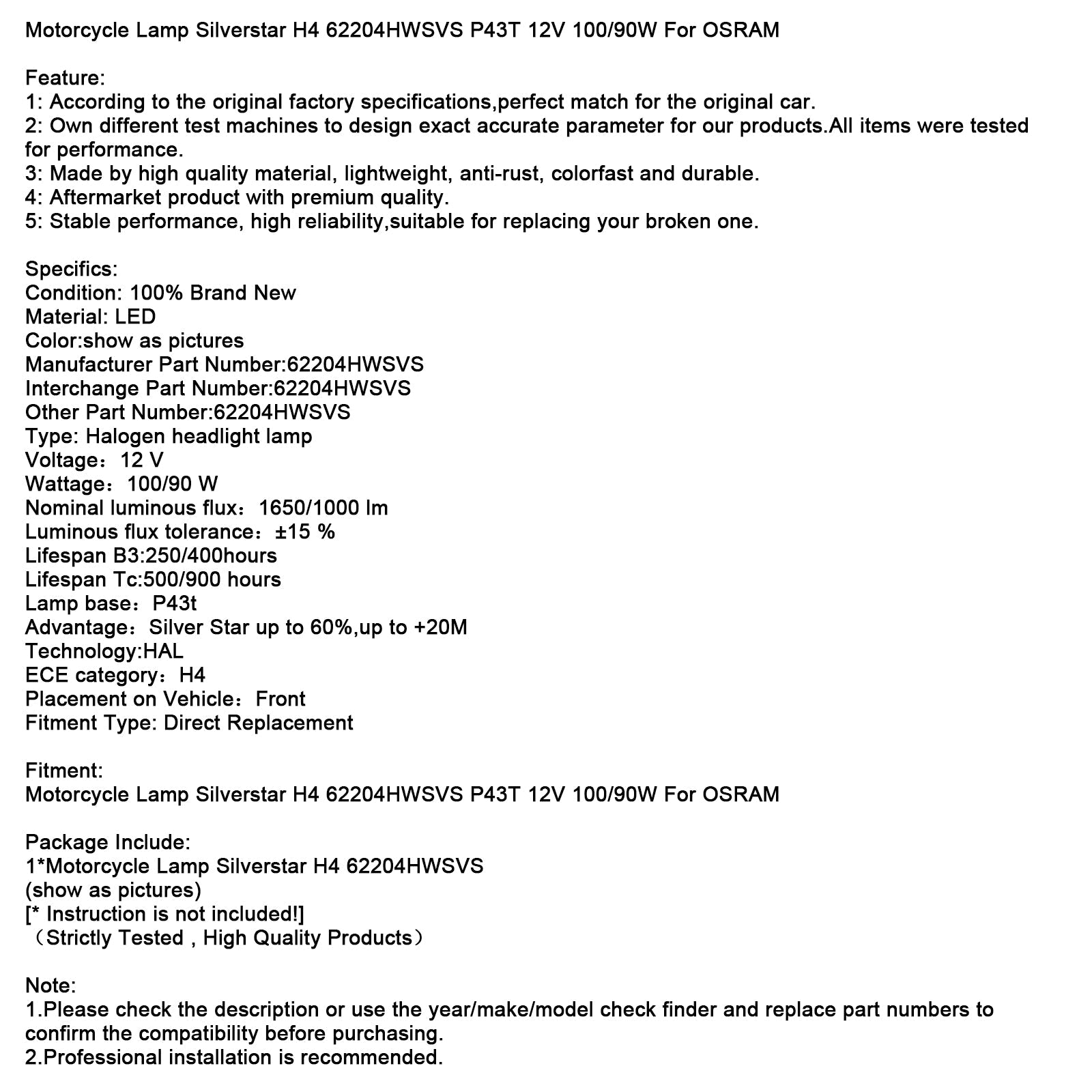 Silverstar H4 62204HWSVS P43T 12 V 100/90 W Motocyklowa żarówka dla Osram