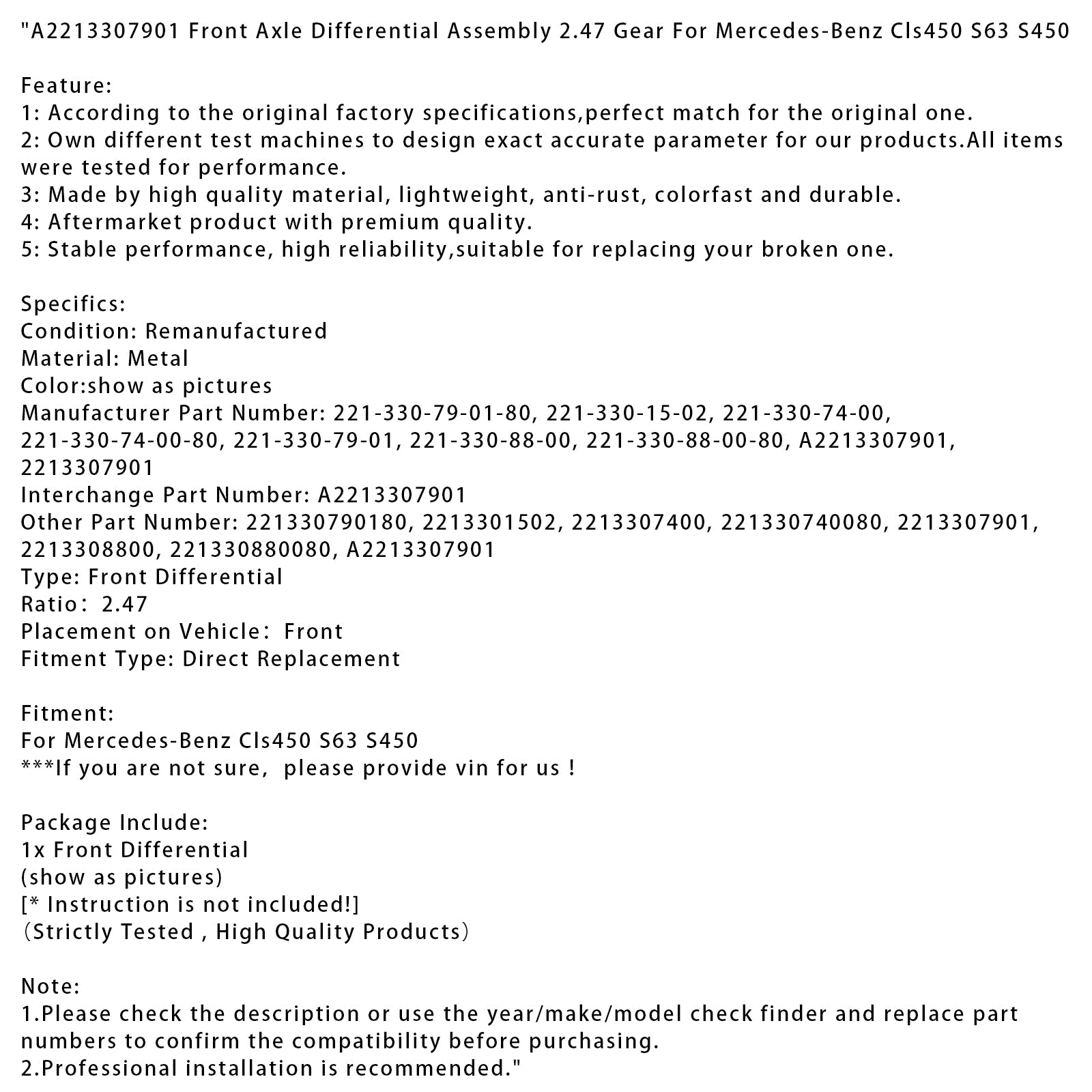 Różniczkowy d&Mercedes-Benz CLS450 S63 S450 oś przednia, bieg 2.47 A2213307901