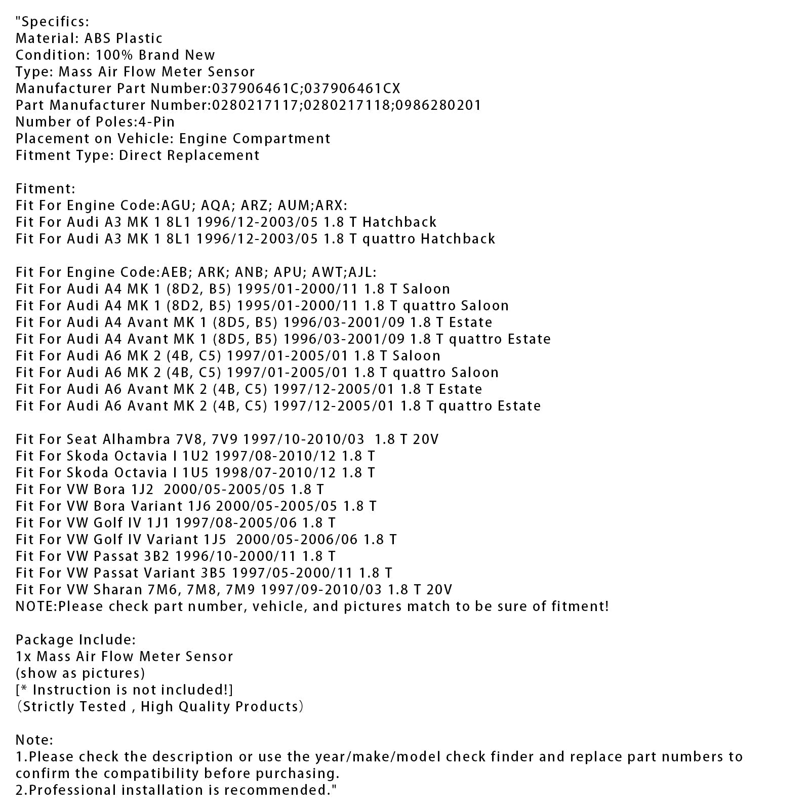 Czujnik przepływomierza d'masa powietrza dla Audi A3 A4 A6 1.8T VW Jetta Passat 0280217117