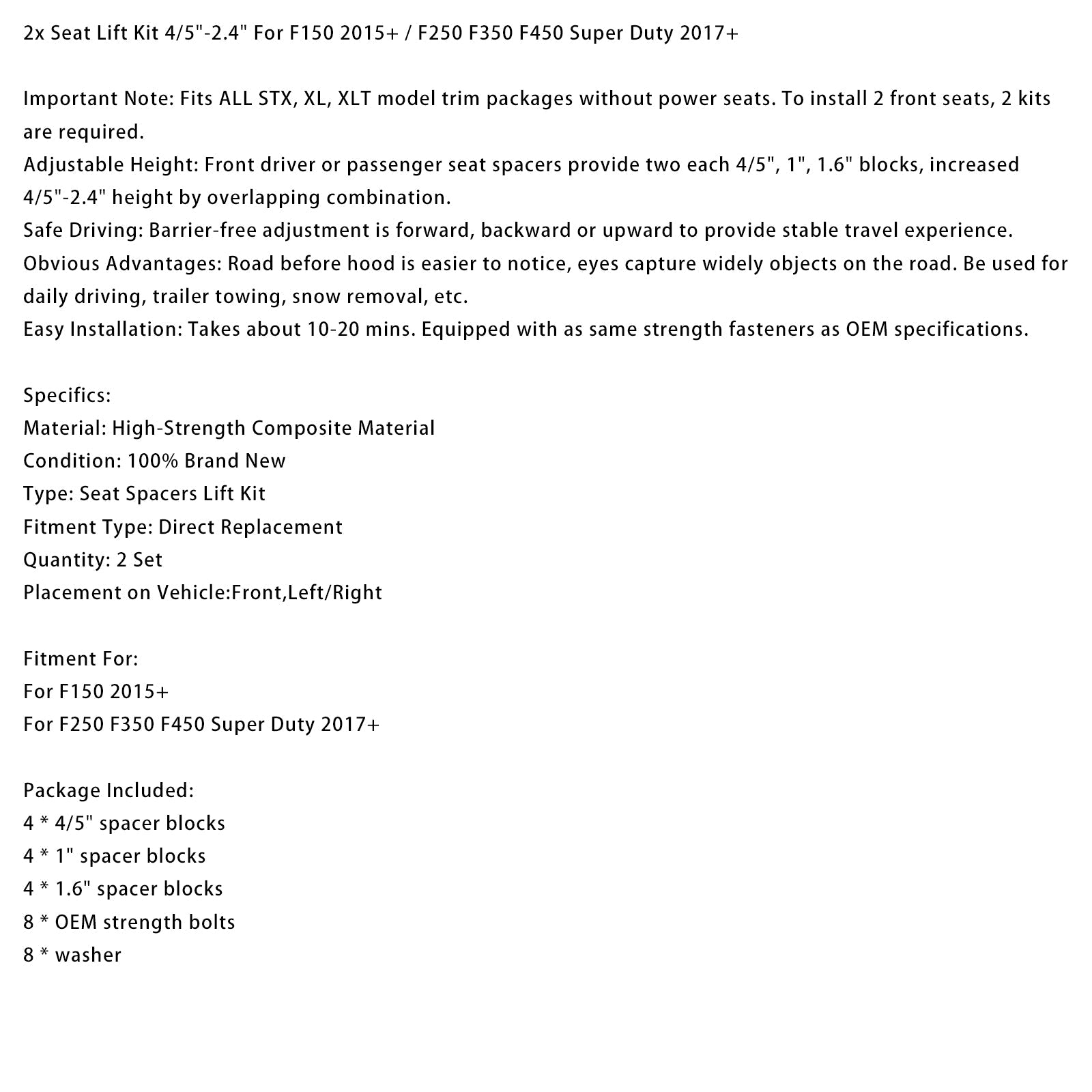Kit de rehaussement de siège (2x) 4/5""-2,4"" pour F150 2015+ / F250 F350 F450 Super Duty 2017+