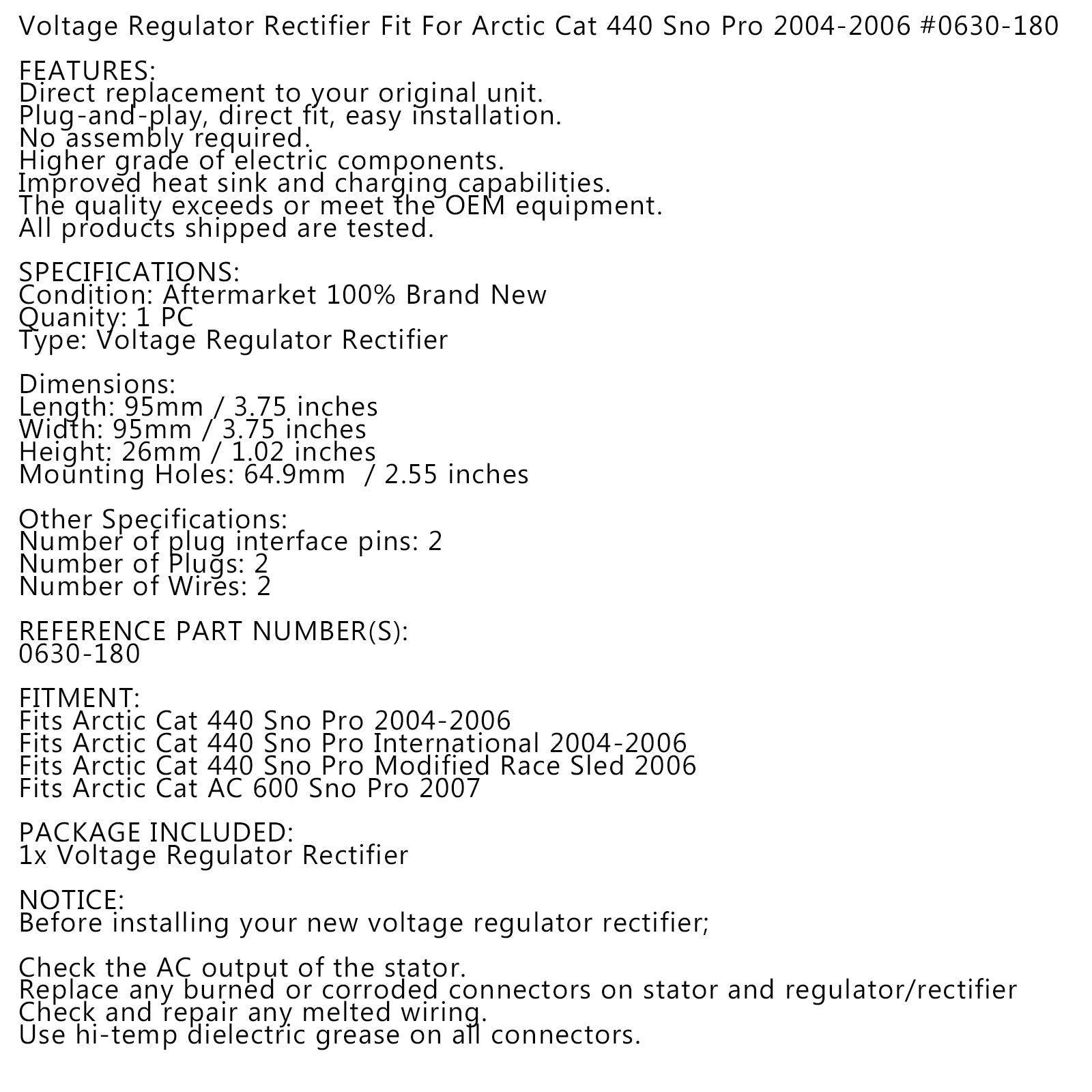 Regulador de voltaje para Arctic Cat Sno Pro 440 Snowmobile 2004-2006 0630-180