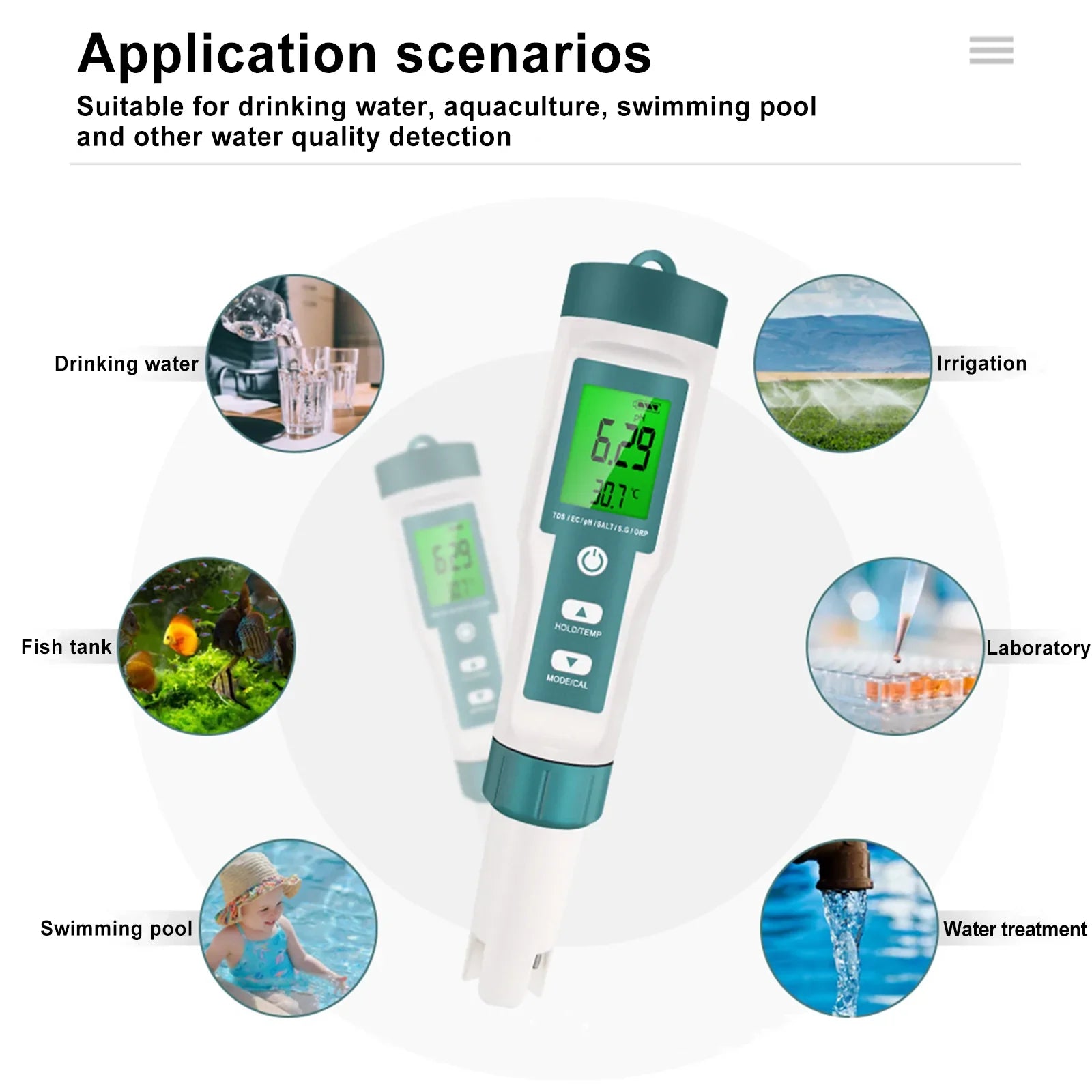 Medidor de calidad del agua 7 en 1 PH/TDS/EC/ORP/TEMP/SG/Salinity