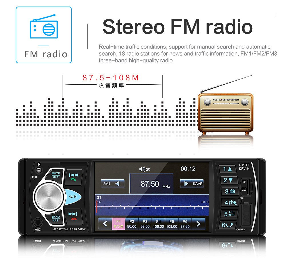 1DIN 4.1 pollici Autoradio Stereo Bluetooth FM USB AUX Audio Lettore MP5 + Fotocamera