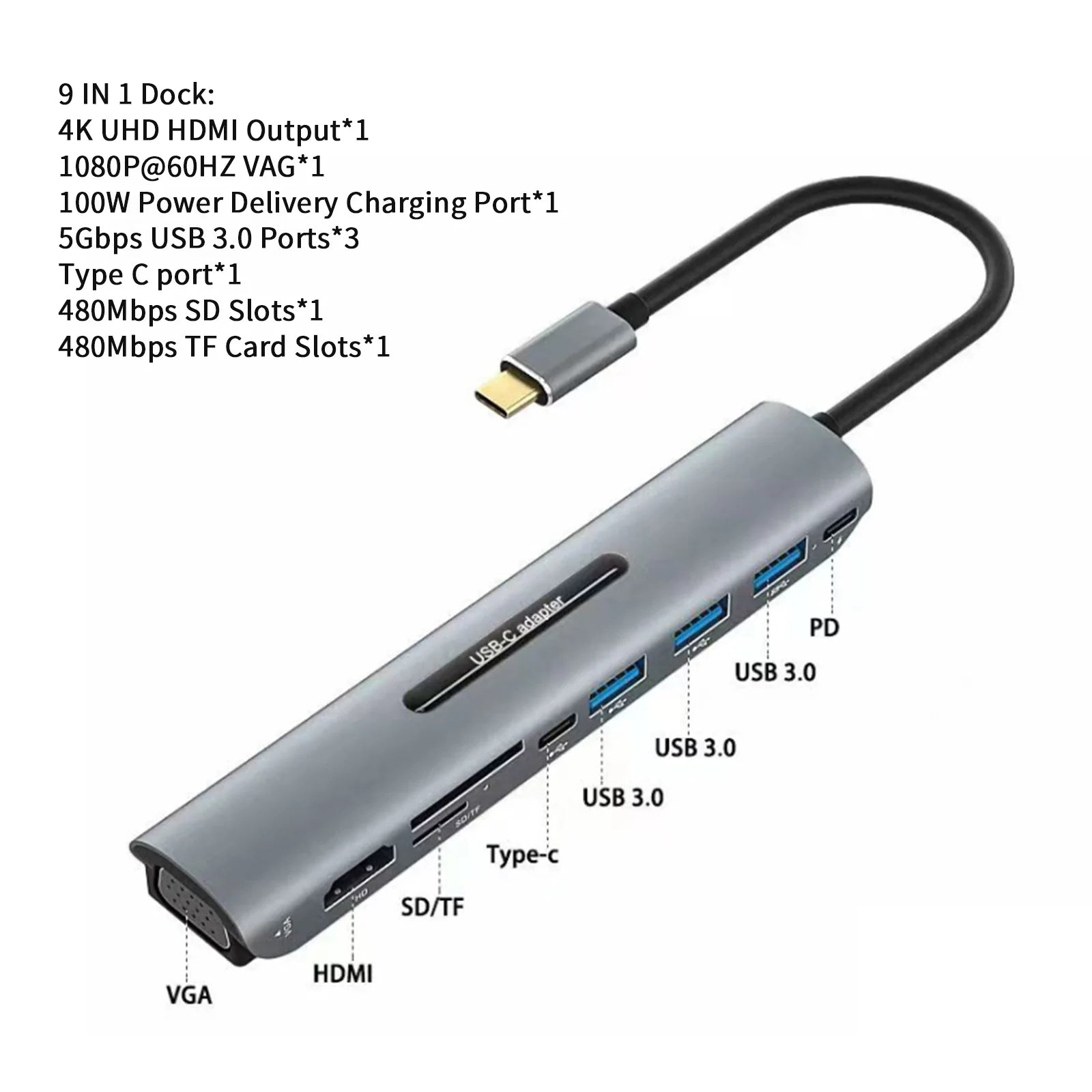 Docking station USB-C 9 in 1 4K HD VGA PD100W per laptop MacBook di tipo C