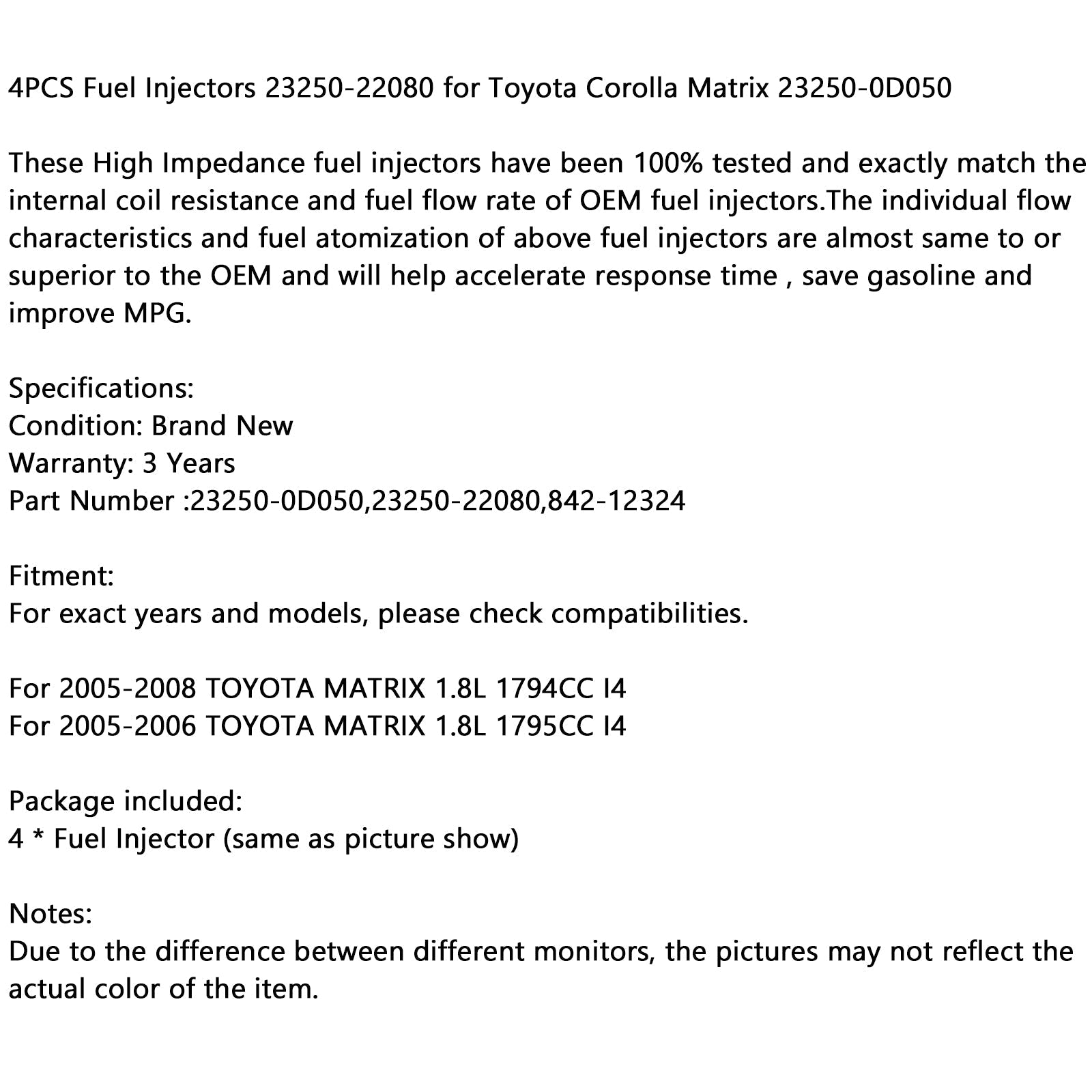 Confezione da 4 iniettori di carburante 23250-22080 per Toyota Corolla Matrix 23250-0D050 generico