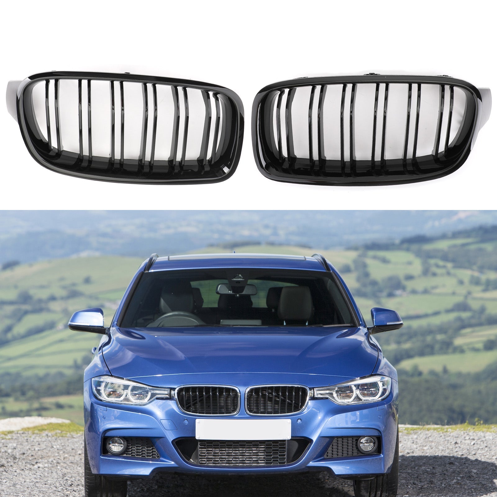 Grille de rein avant noir brillant pour BMW Série 3 F30 F35 2012-2017 à double lamelles