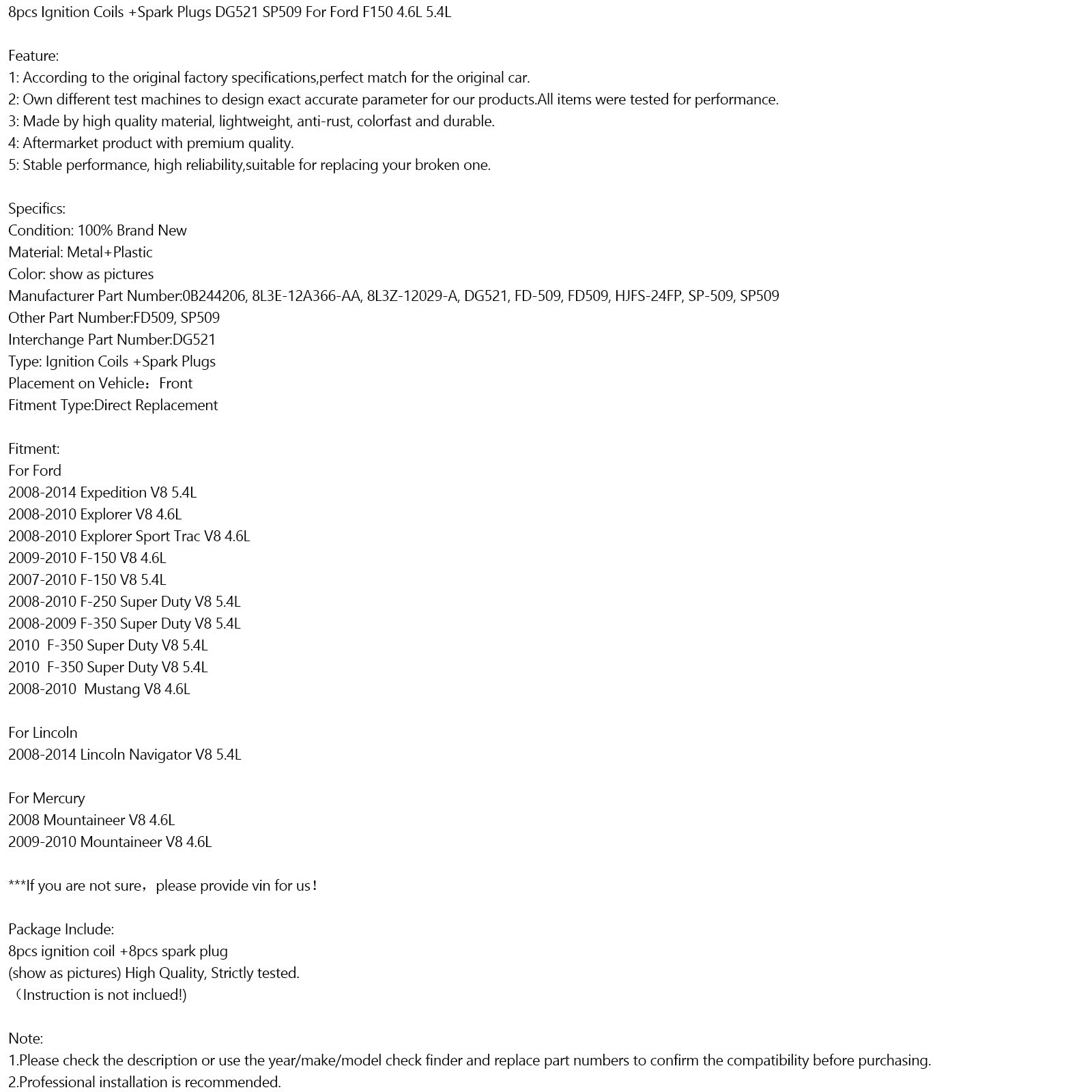 2008-2010 F-250 Super Duty V8 5.4L 8kpl sytytyspuolat + sytytystulpat DG521 SP509 Fedex Express