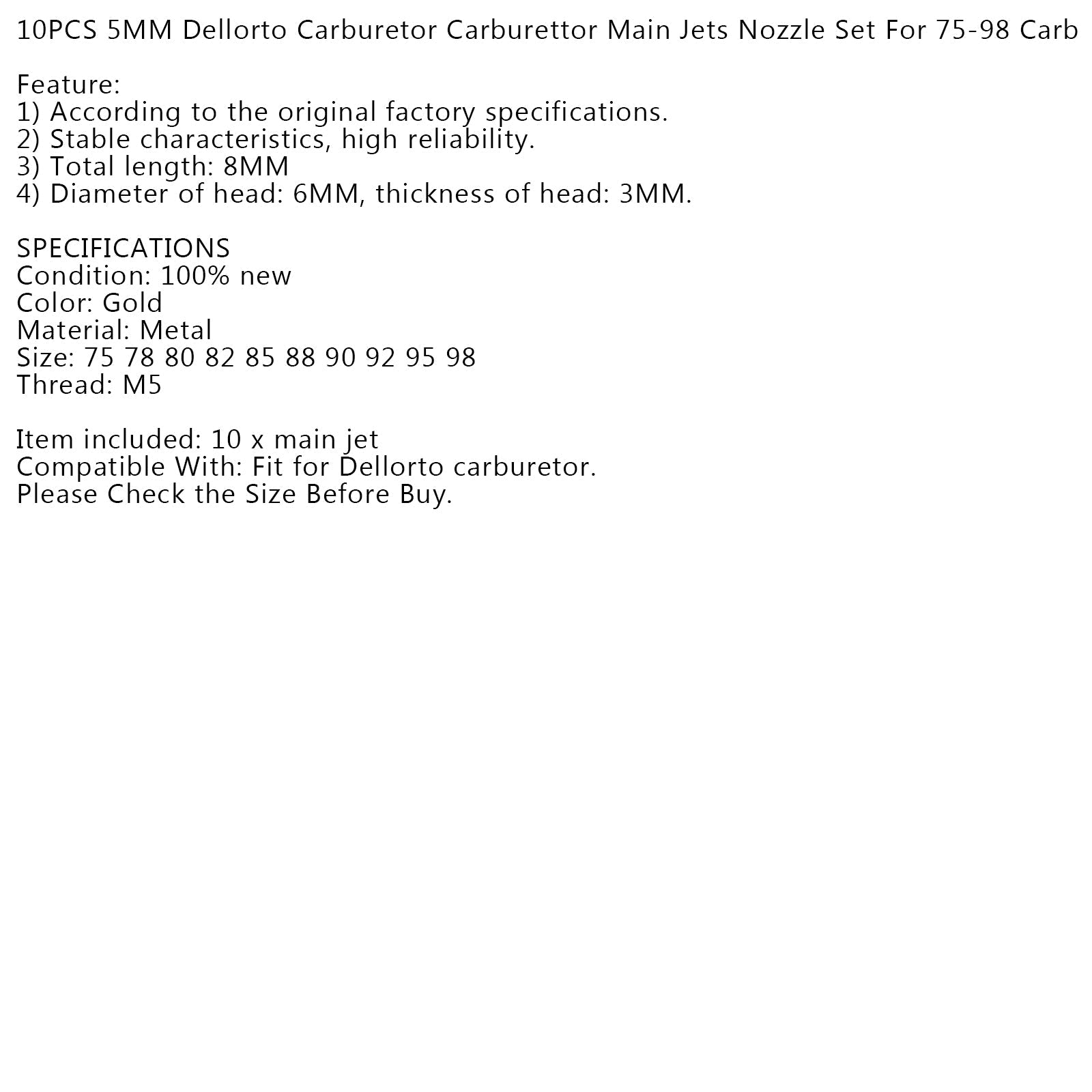 Juego de boquillas de chorros principales de carburador, 10 Uds., 5MM, para carburador Dellorto 75-98, carburador genérico