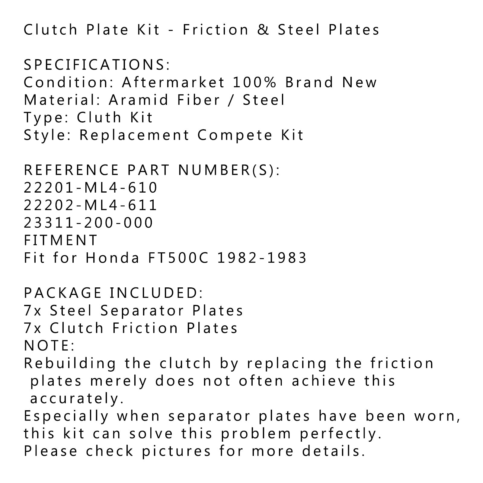 Kit d'embrayage en acier et plaques de friction pour Honda 22201-ML4-610 FT500C 1982-1983 générique